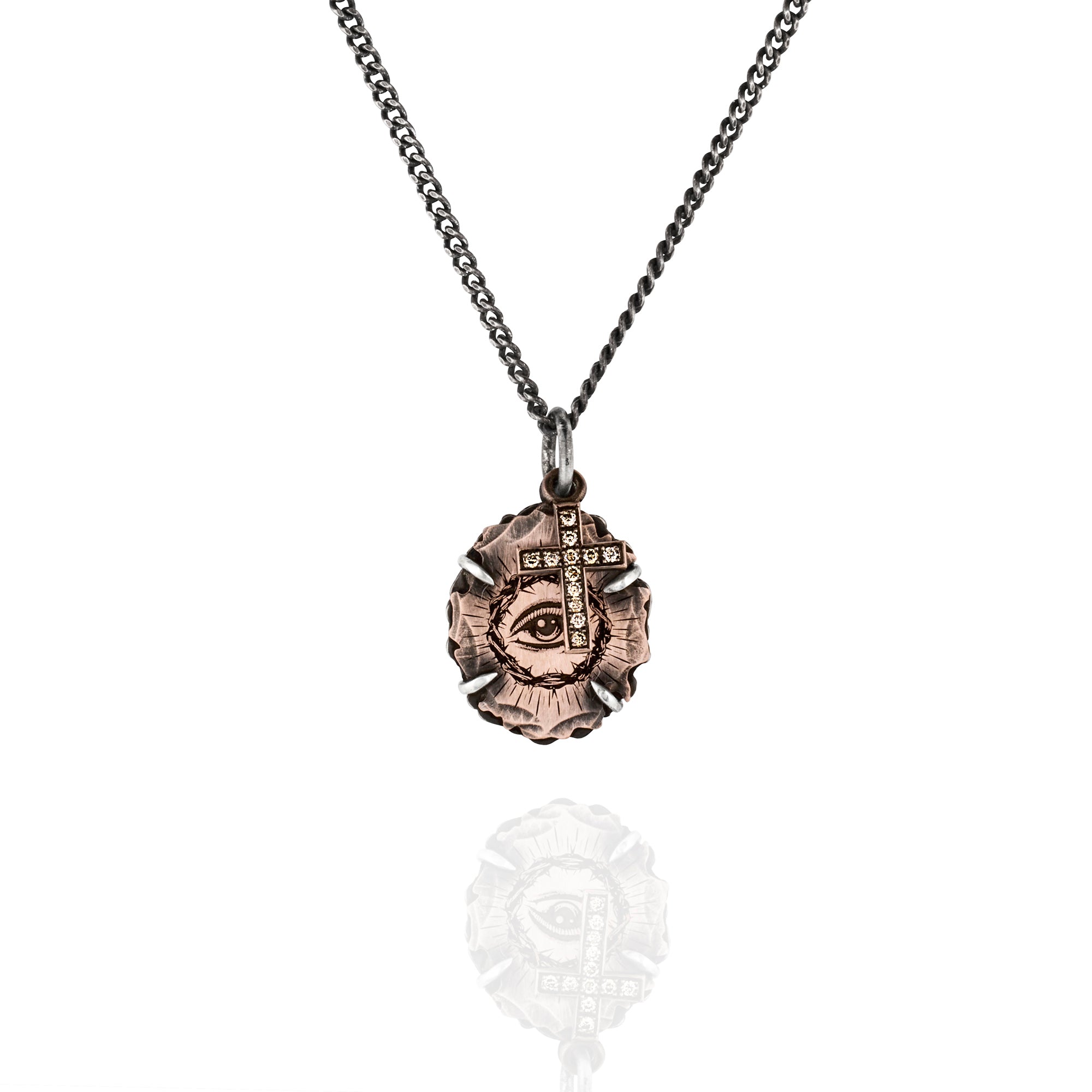 Rose Gold Pendant with Eye Engraved & Cross made with Champagne Diamonds pendant on a white background