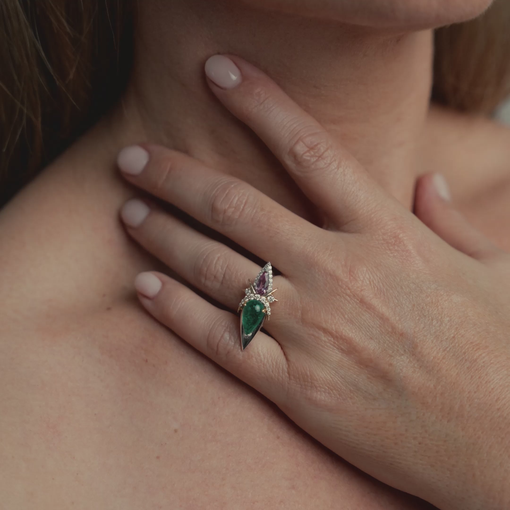 Video of model wearing ring on engagement ring finger