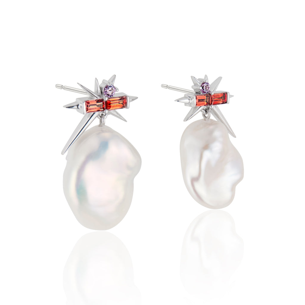 Orange Sapphire & Baroque Pearl Drop Earrings - Spike Earrings