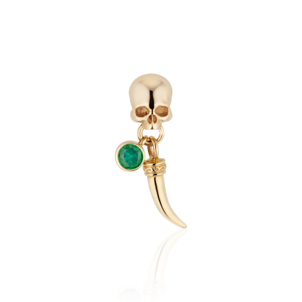 skull stud earring with emerald, tusk drop earring. skull drop earring