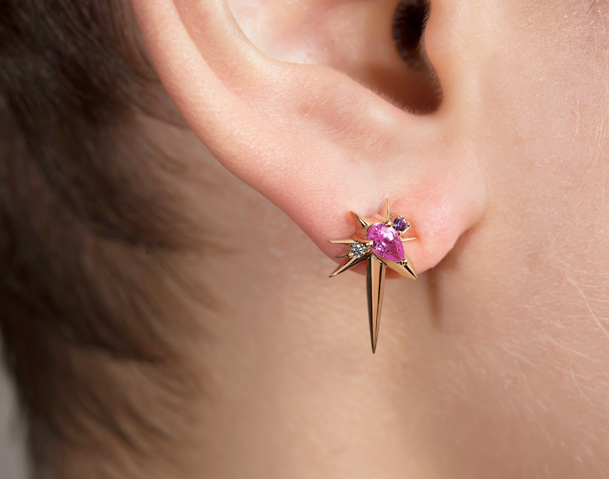 Yellow Gold - Pink Sapphire & Diamond Drop Earrings - Spike Earrings