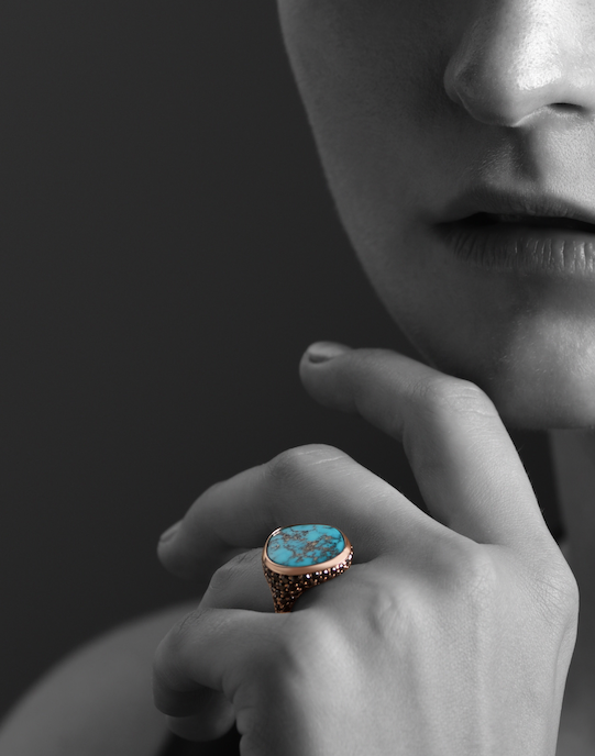 Rose Gold - Turquoise And Black Diamond Ring - Morenci Turquoise