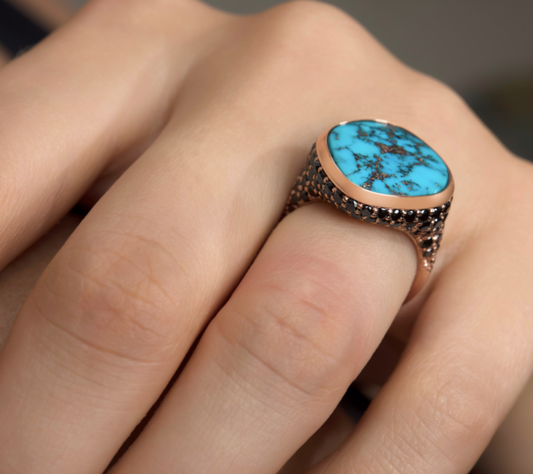 Rose Gold - Turquoise And Black Diamond Ring - Morenci Turquoise