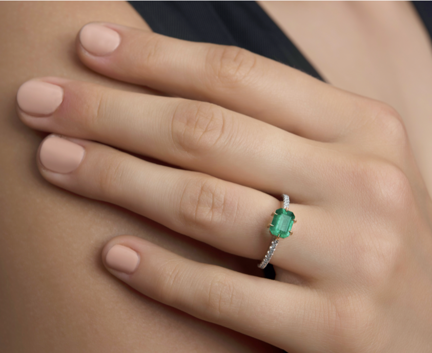 Horizontal 6 Claw Emerald & Diamond Engagement Ring - Alternative Engagement Ring