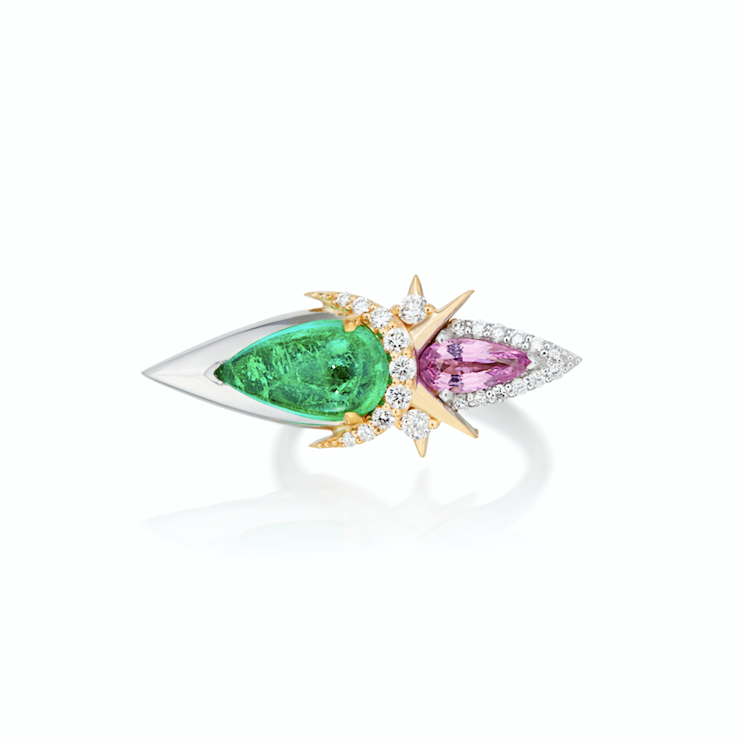 Luxury 18ct Gold Ring Showcasing Muzo Emerald, Pink Sapphire Diamond