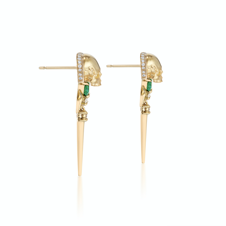 18ct Yellow Gold Muzo Emerald & Diamond Skull - Spike Drop Earrings