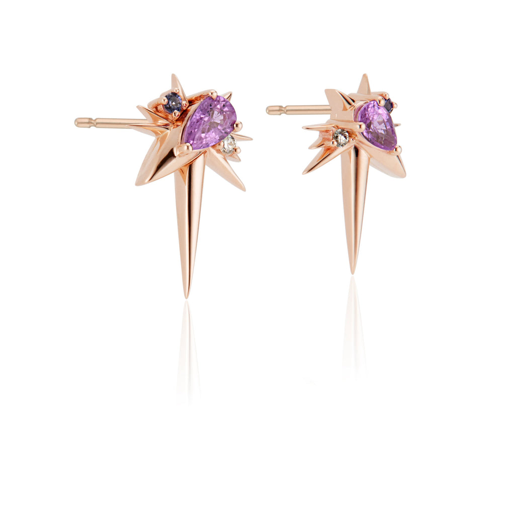 Rose Gold - Pink Sapphire & Diamond Drop Earrings - Spike Earrings