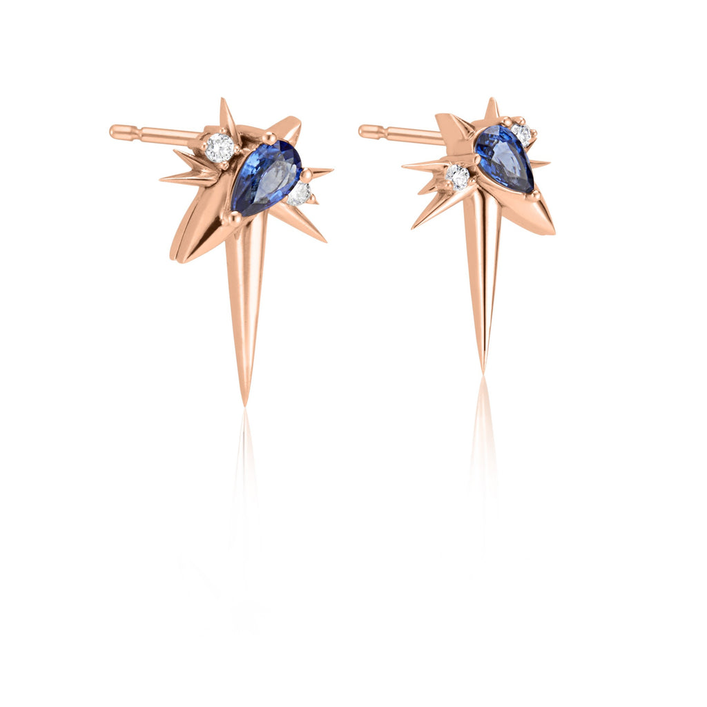 Rose Gold - Blue Sapphire & Diamond Drop Earrings - Spike Earrings