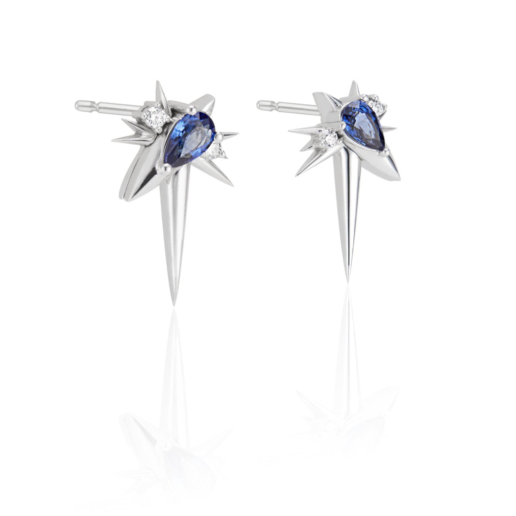 White Gold - Blue Sapphire & Diamond Drop Earrings - Spike Earrings