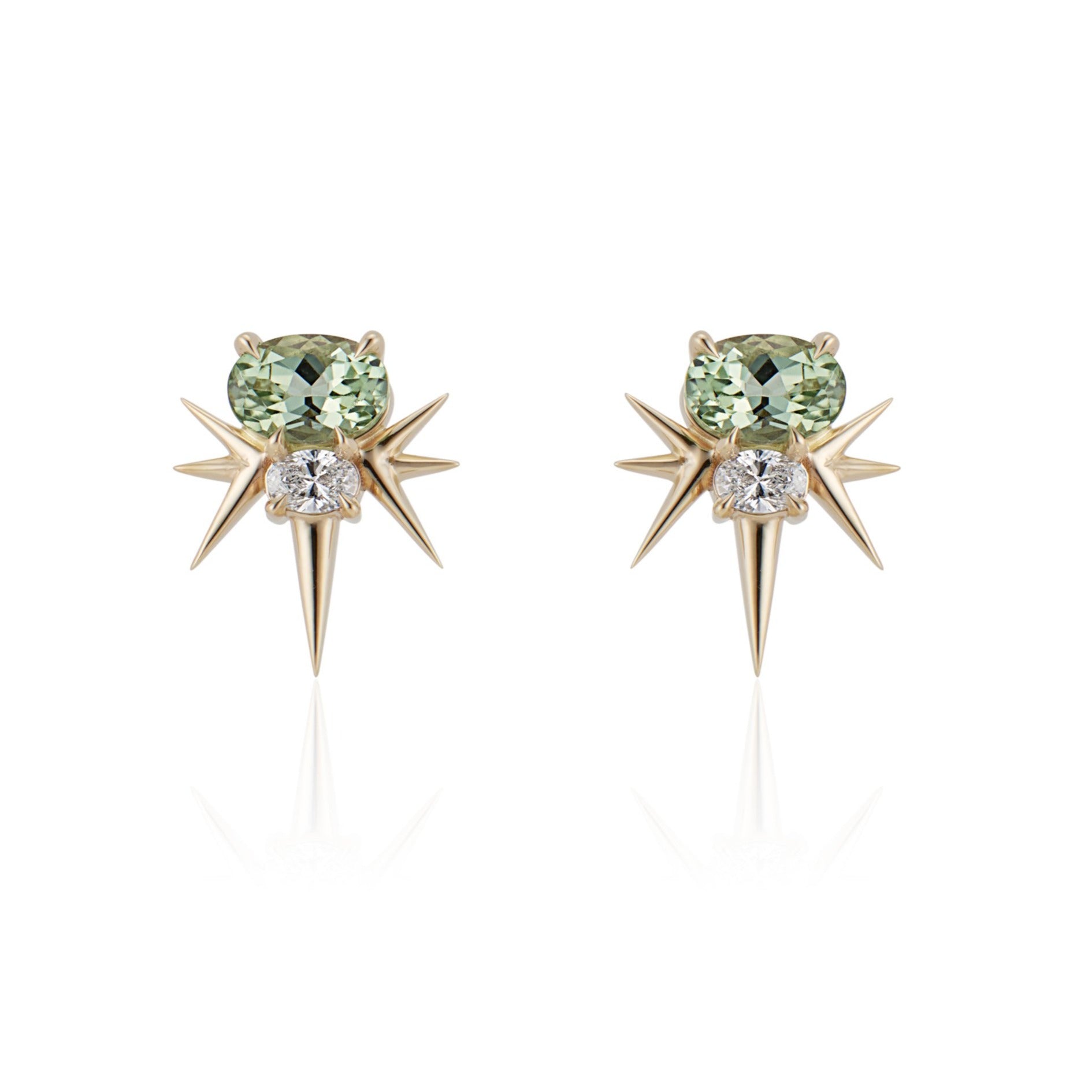Yellow Gold Green Tourmaline And Diamond Spike Stud Earrings