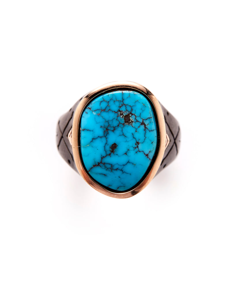 Mens 18ct Rose Gold - Oxidized Silver Morenci Turquoise Ring