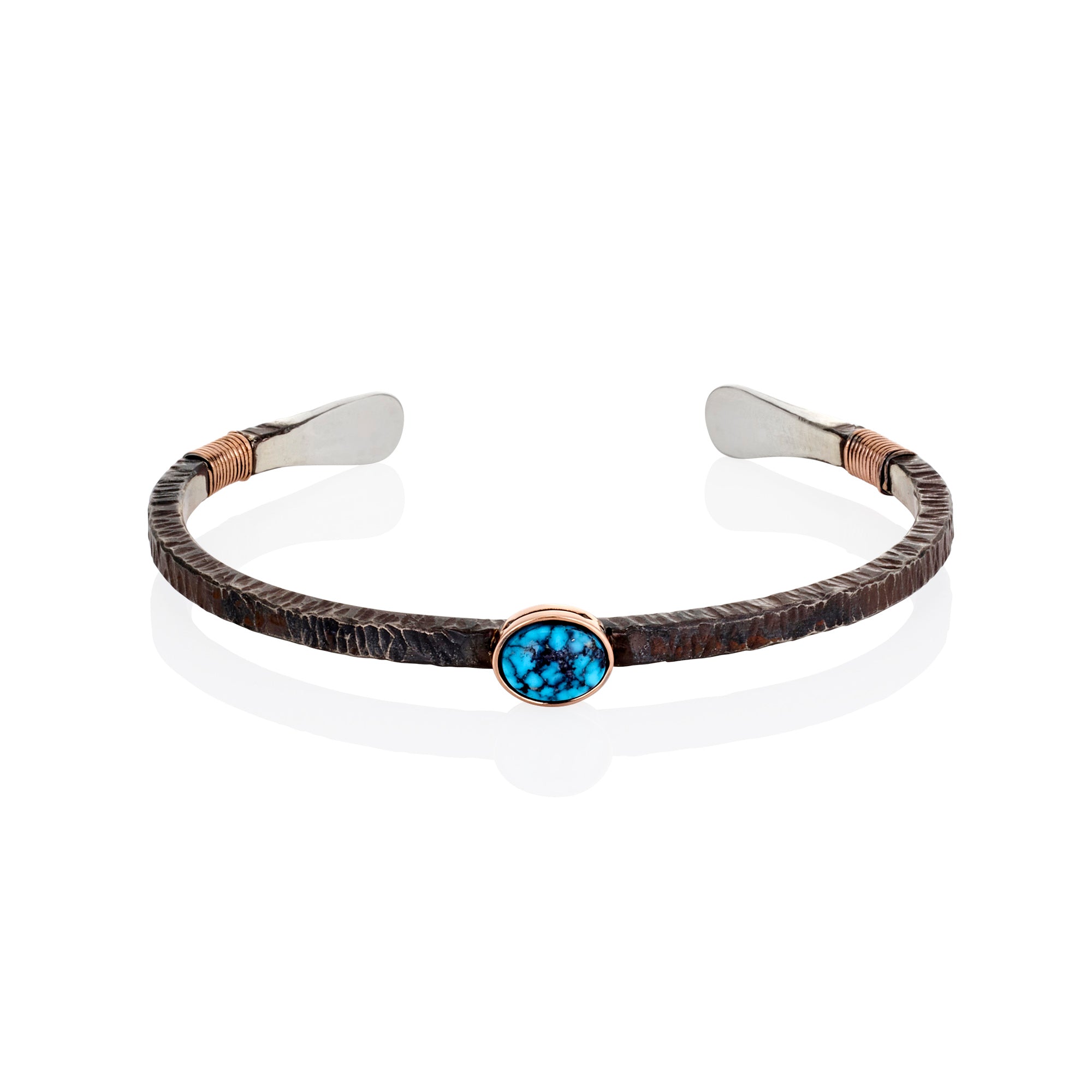 Men’s rose gold and blackened silver cuff with Kingman turquoise and engraved swallow birds, 70x55mm