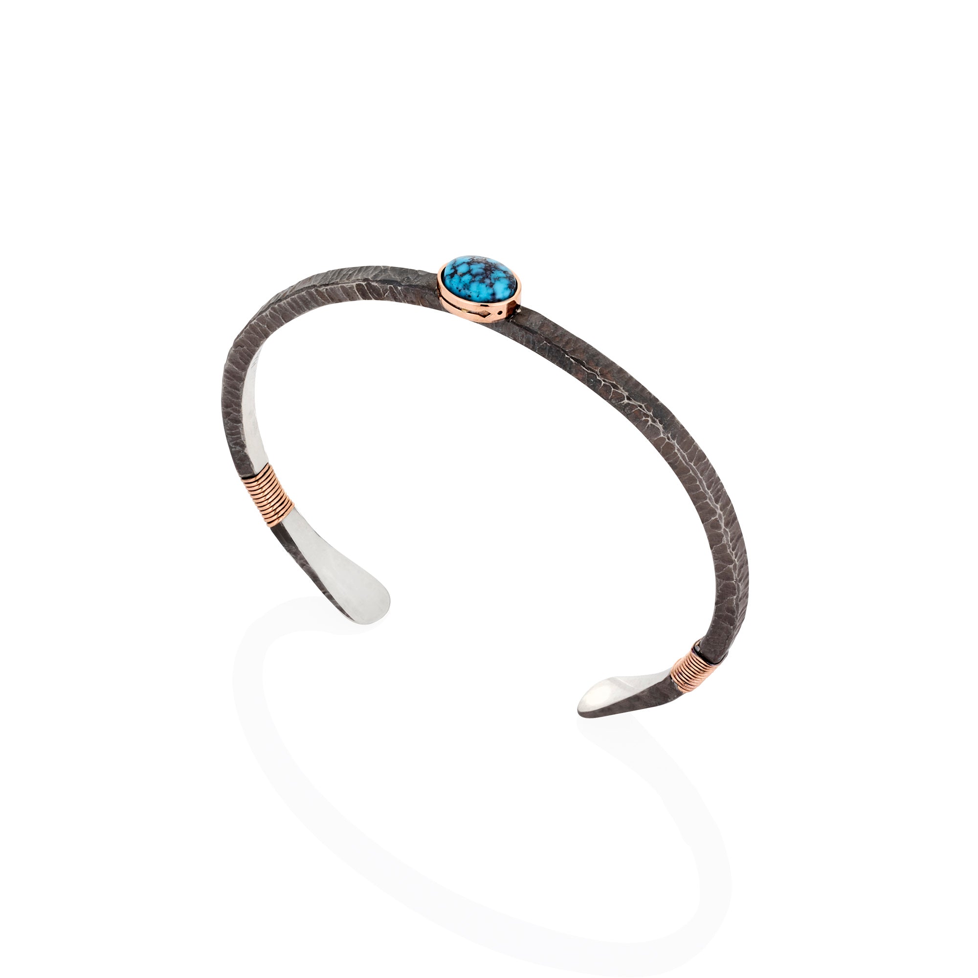 Men’s rose gold and blackened silver cuff with Kingman turquoise and engraved swallow birds, 70x55mm