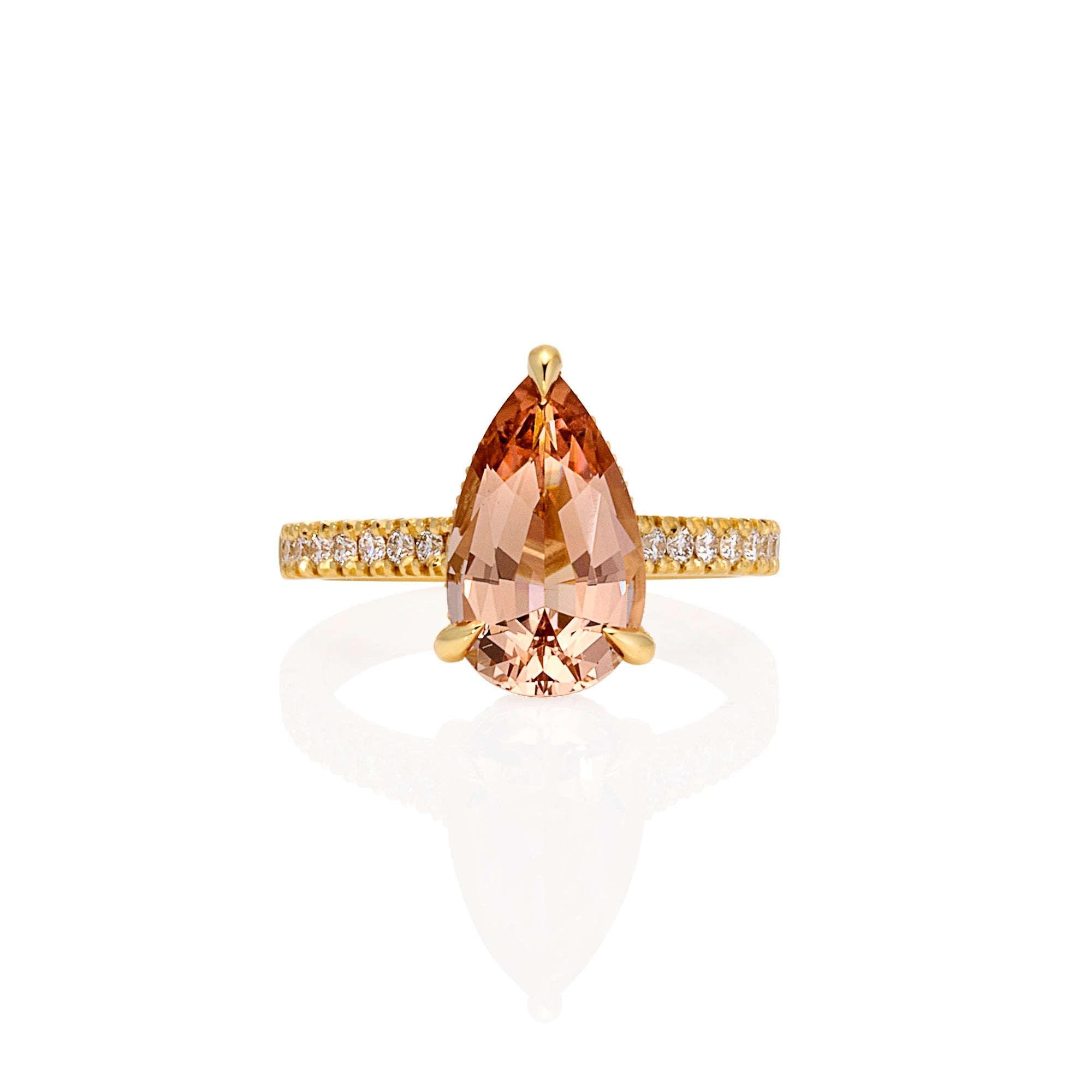 18ct yellow gold Morganite engagement ring with diamond halo, pear-shaped Morganite peach colour, 42 VS-F diamonds