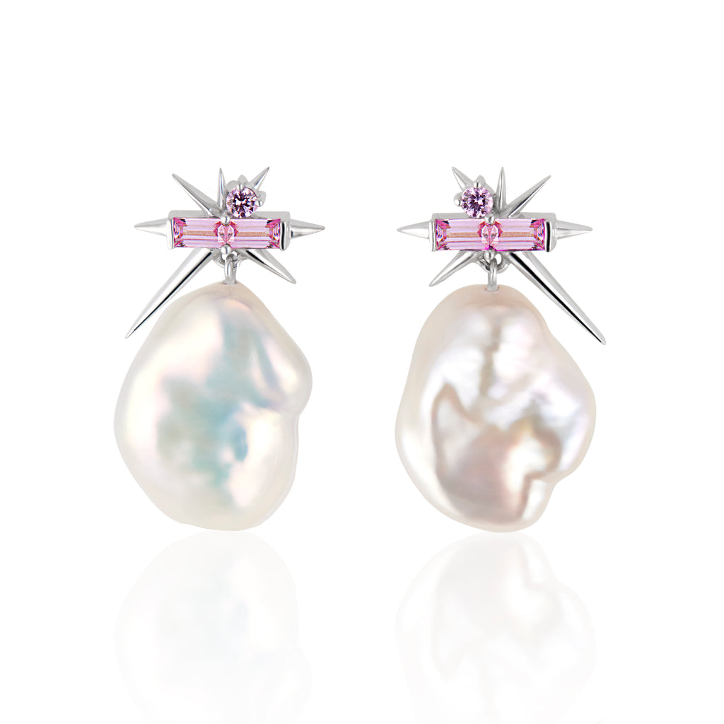 Pink Sapphire & Baroque Pearl Drop Earrings - Spike Earrings