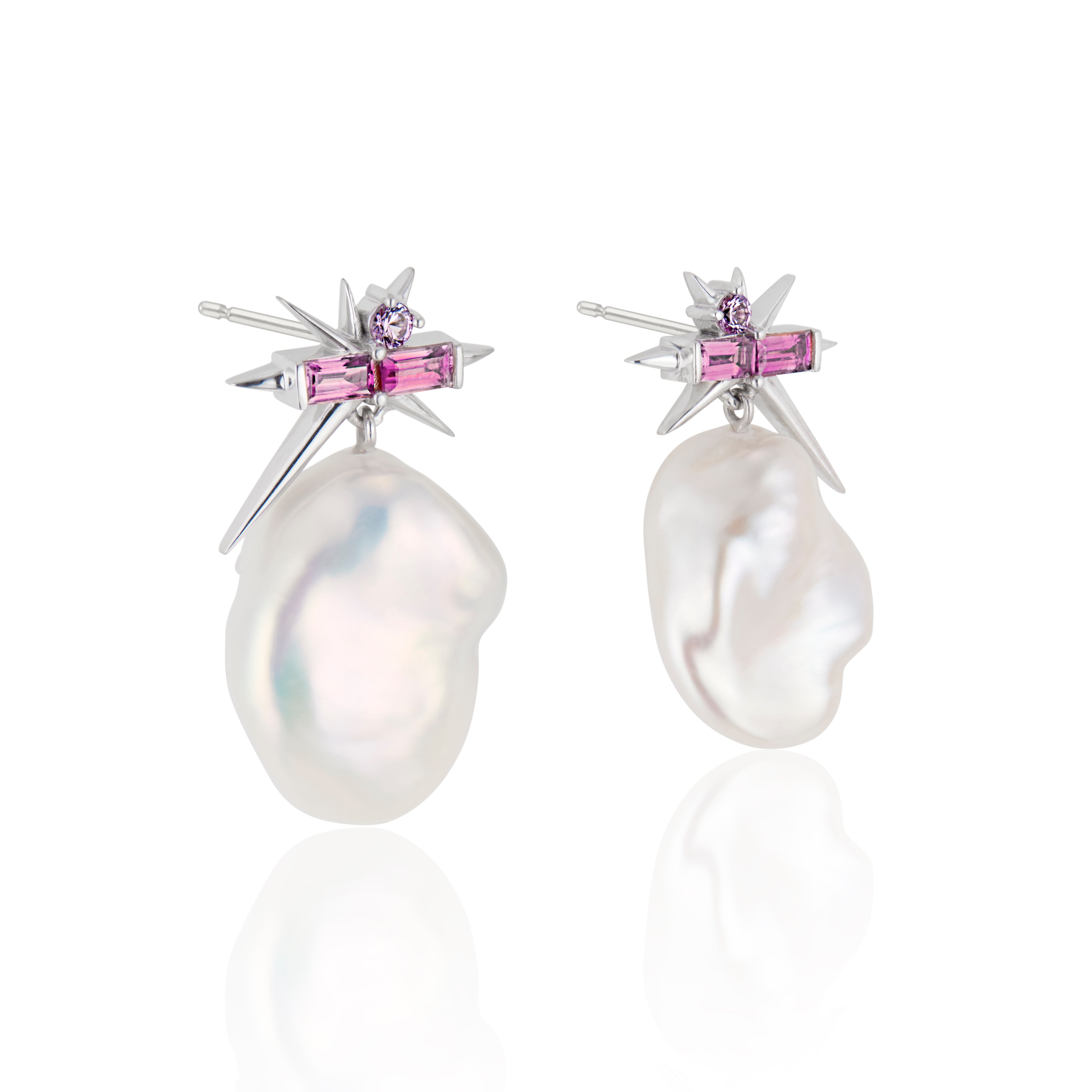 Pink Sapphire & Baroque Pearl Drop Earrings - Spike Earrings