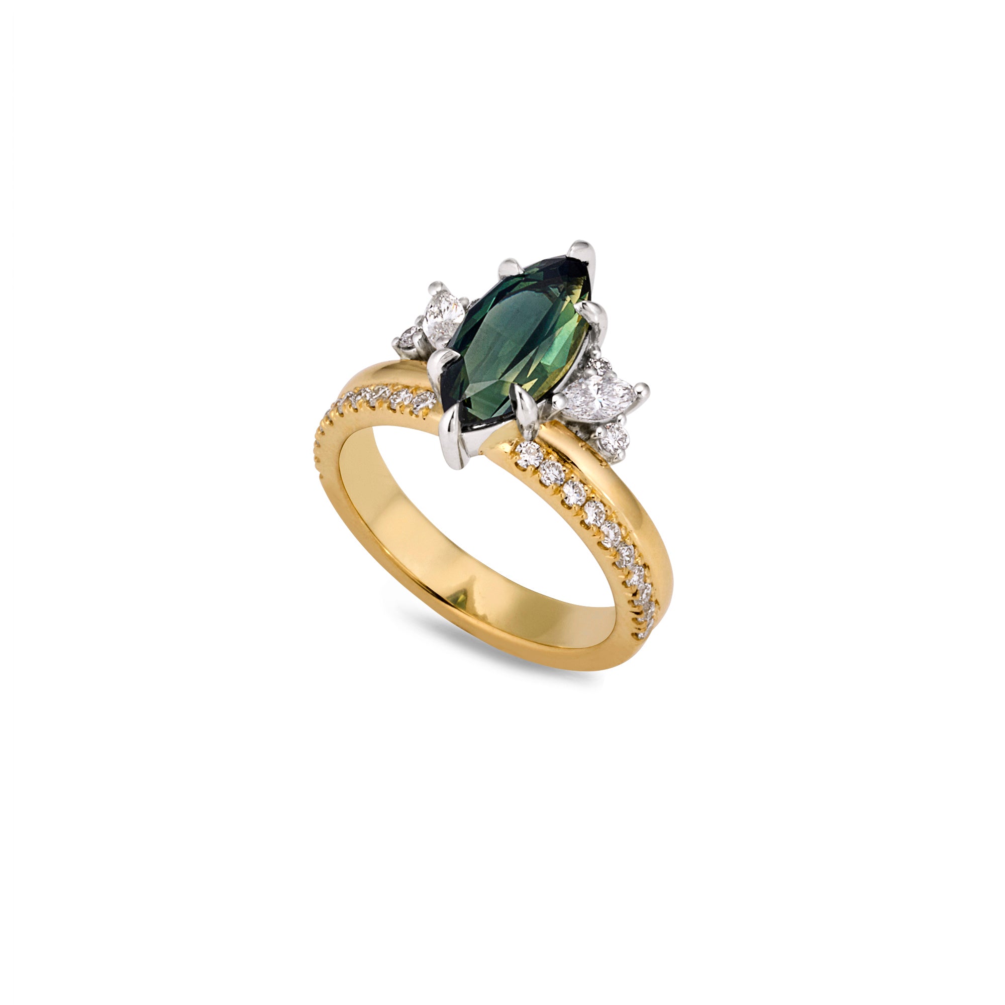 Exquisite 2.30ct Marquise Blue-Green Sapphire and Diamond 18ct Gold Engagement Ring