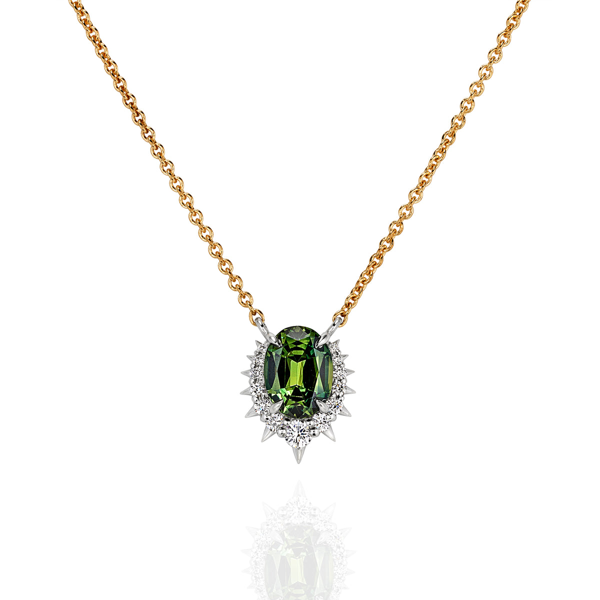Elegant gold chain necklace with a central oval Australian parti sapphire surrounded by sparkling diamonds.
