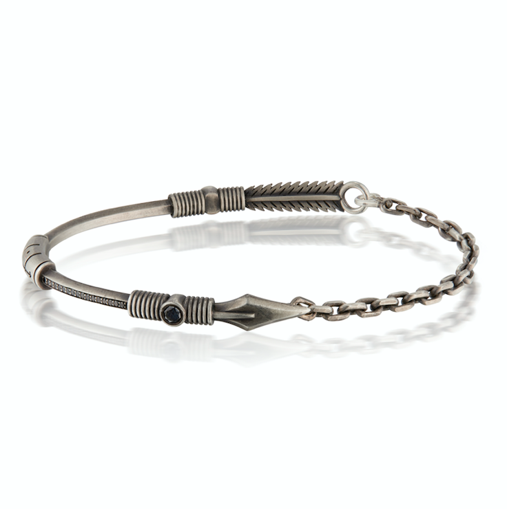 Blackened Silver bracelet with arrow & feather features with Black Diamond