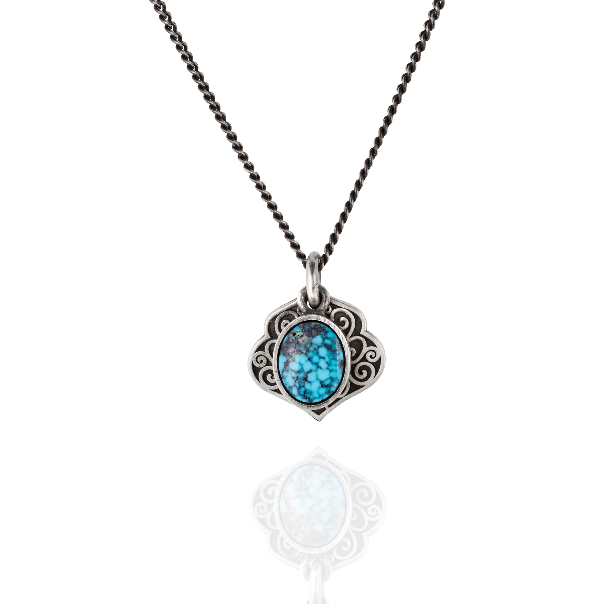Large blackened silver tusk necklace with turquoise nugget, 55cm chain, tribal-inspired engraving