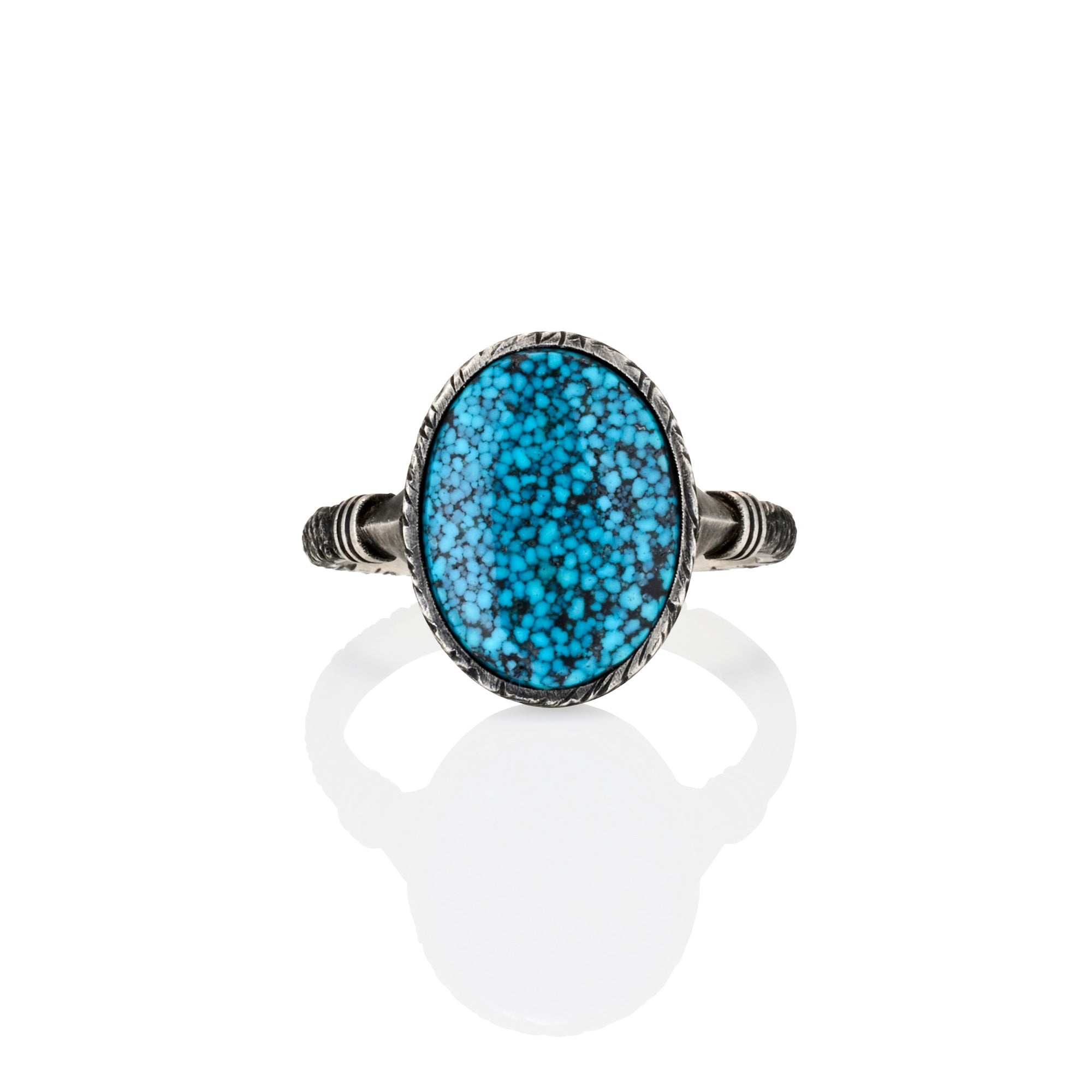 Blackened silver arrow ring with webbed Kingman turquoise, 17x13mm, resizable, statement jewellery, bold men's ring with tribal design