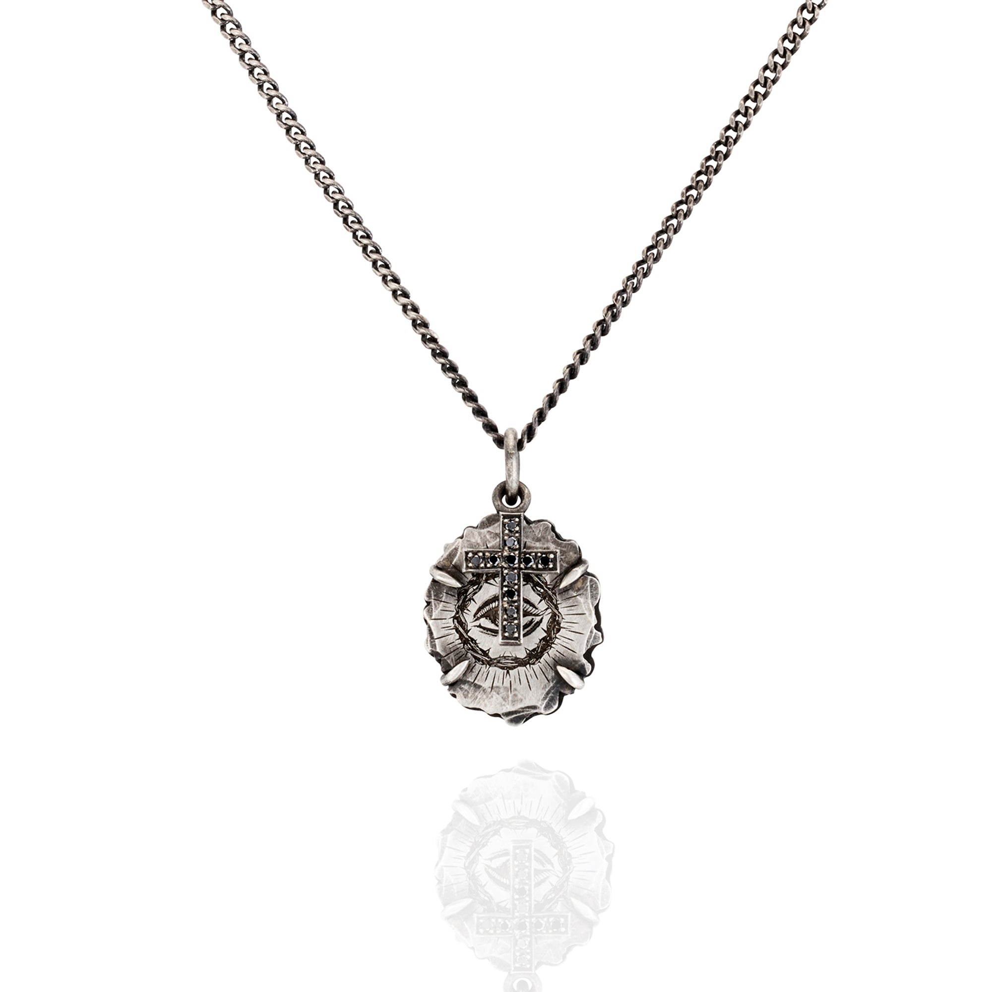 Men’s blackened silver necklace with Crown of Thorns pendant, black diamond cross, engraved back, 55cm chain.