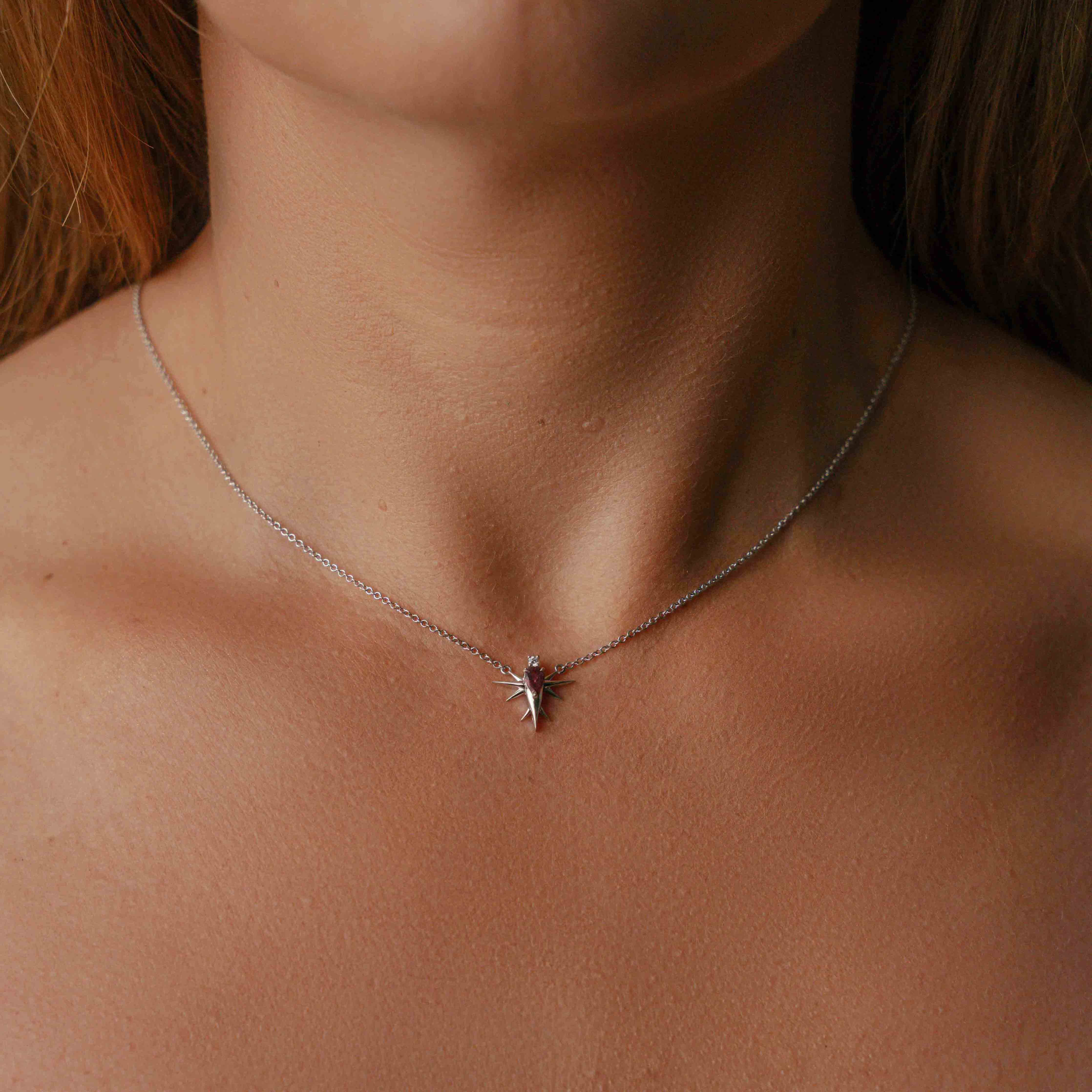 Pink Tourmaline & Diamond Bird Necklace-Yellow Gold