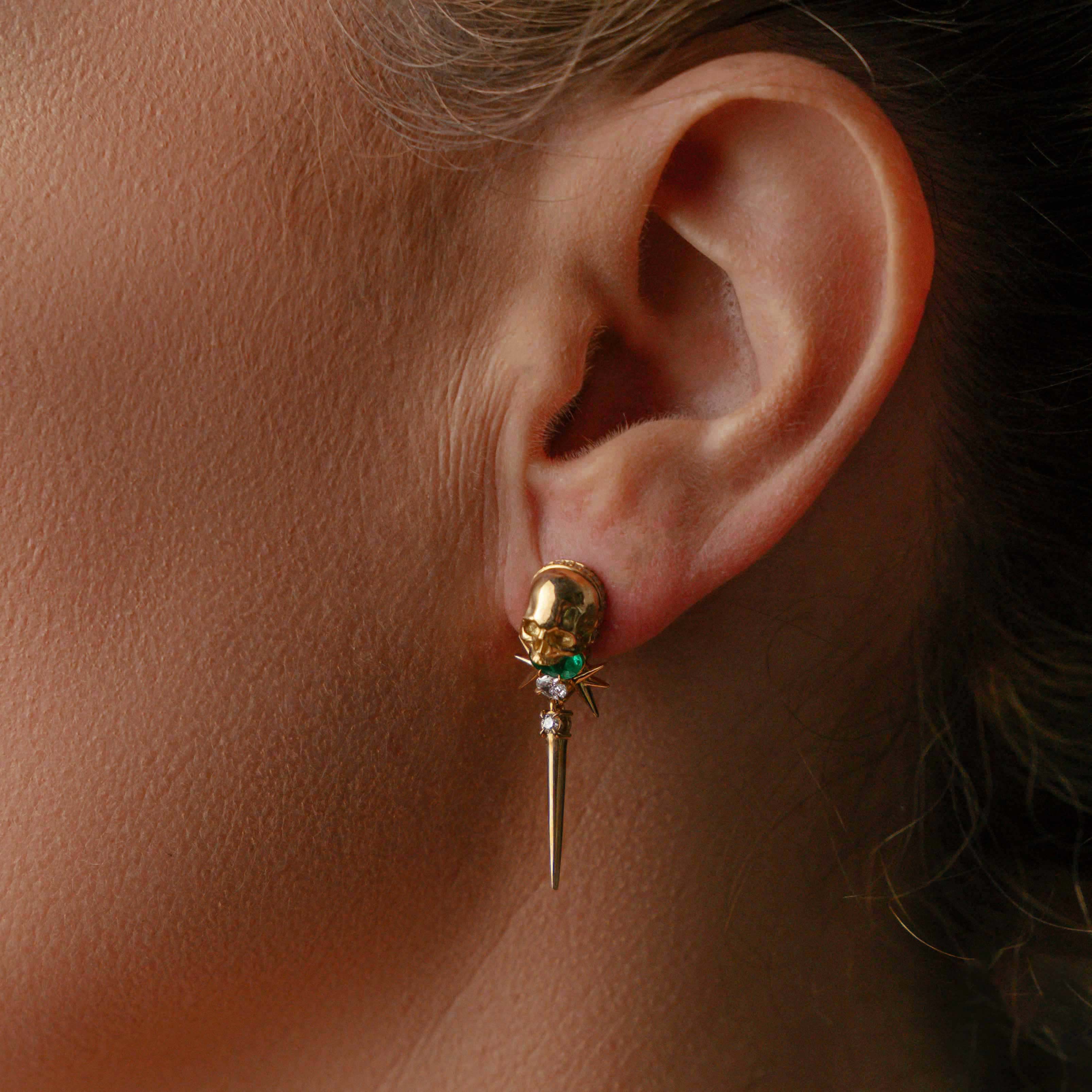 Luxury Edgy Earrings - Skull Emerald & Diamond Dangles - Statement Jewelry