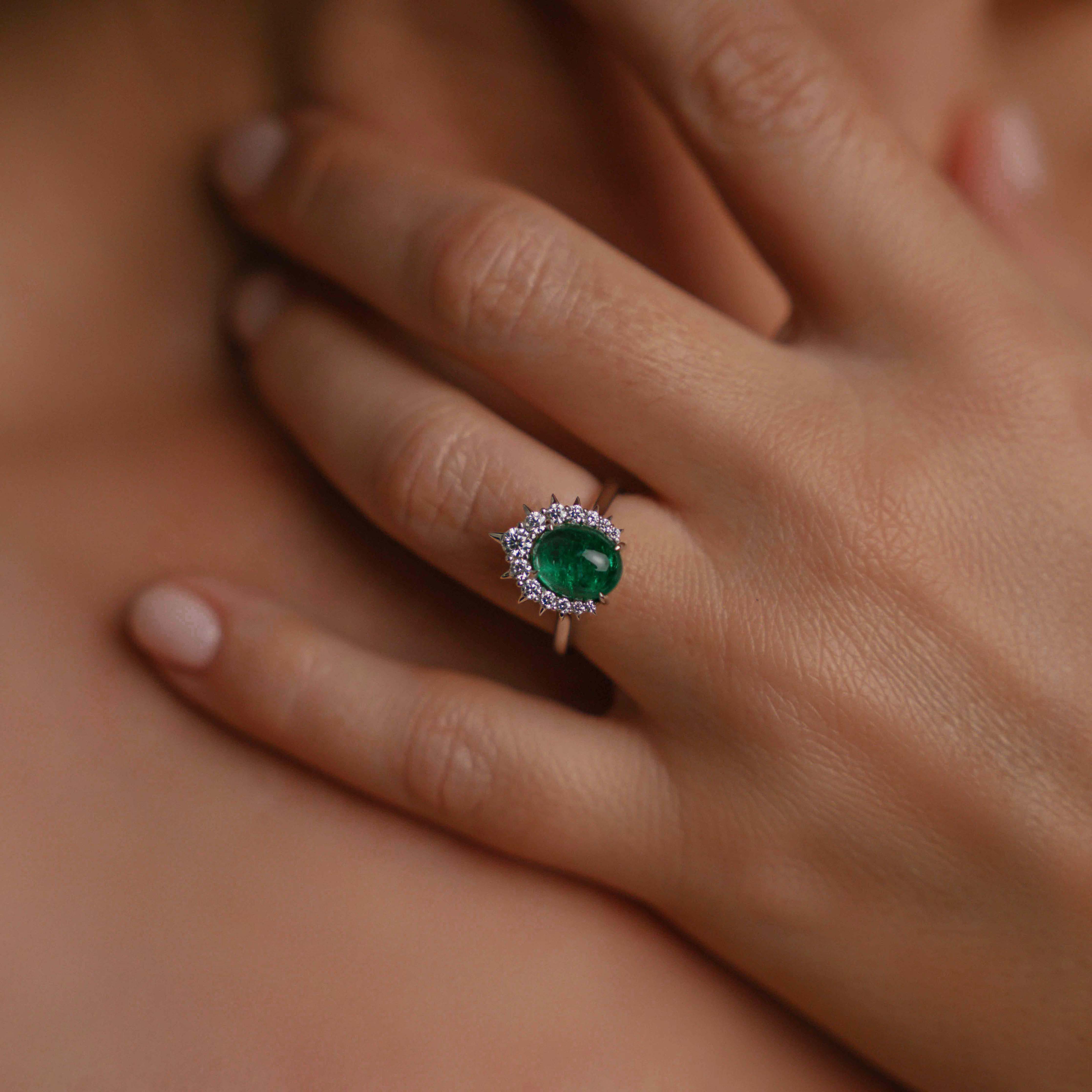 Unique Emerald Engagement Ring - 1.88ct Oval Muzo Emerald Cabochon & Diamond