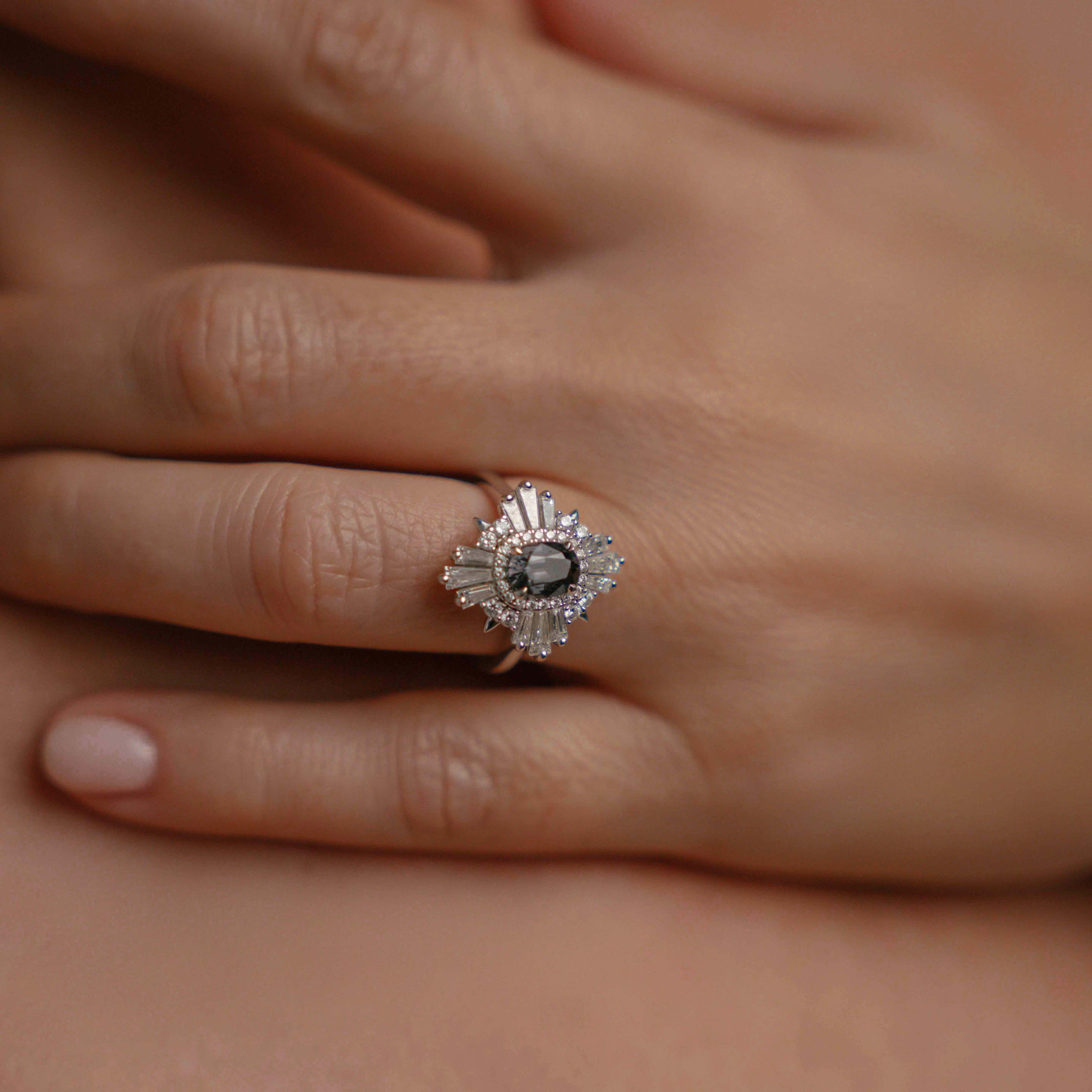 18ct White Gold Art Deco Style Spinel & Diamond Alternative Engagement Ring