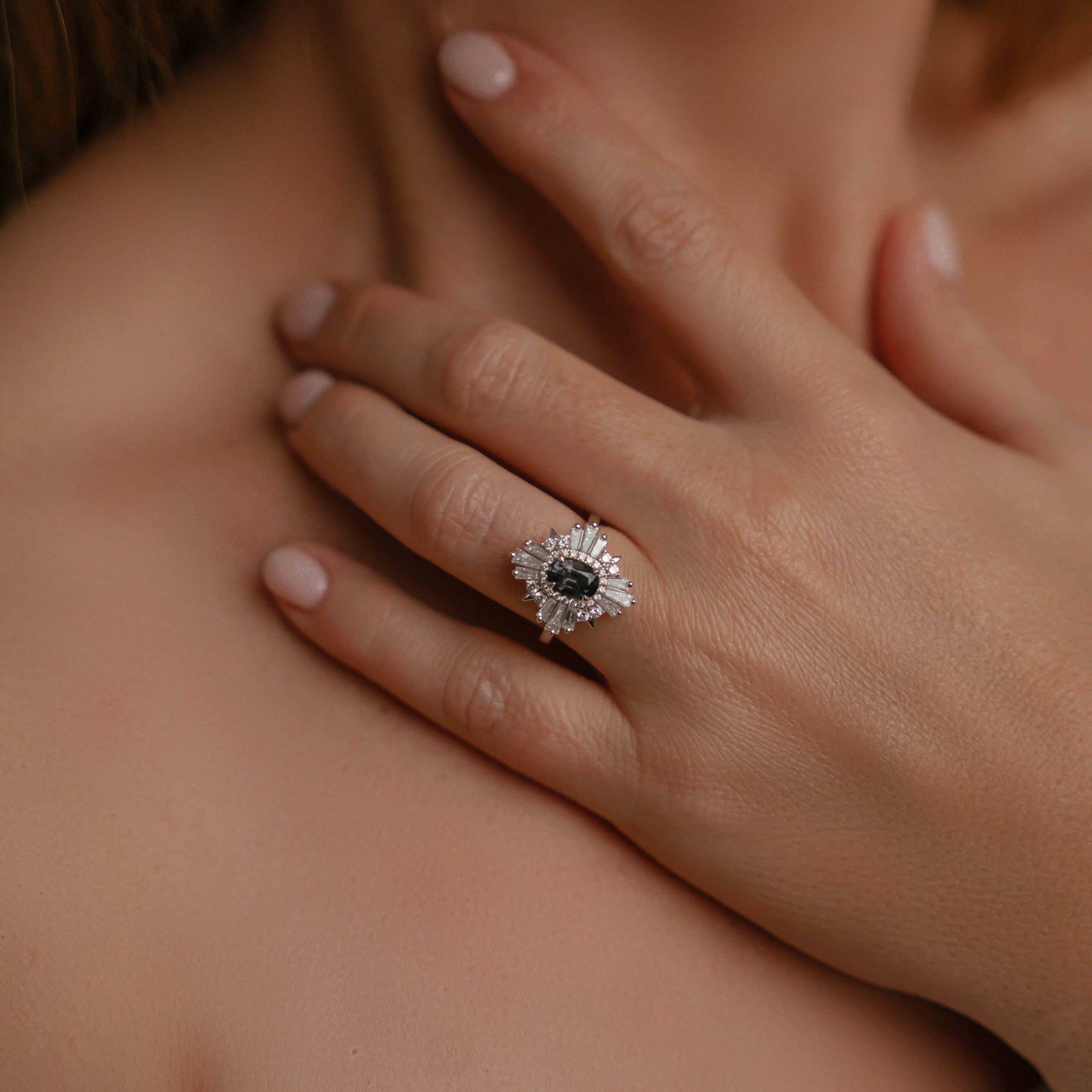 18ct White Gold Art Deco Style Spinel & Diamond Alternative Engagement Ring