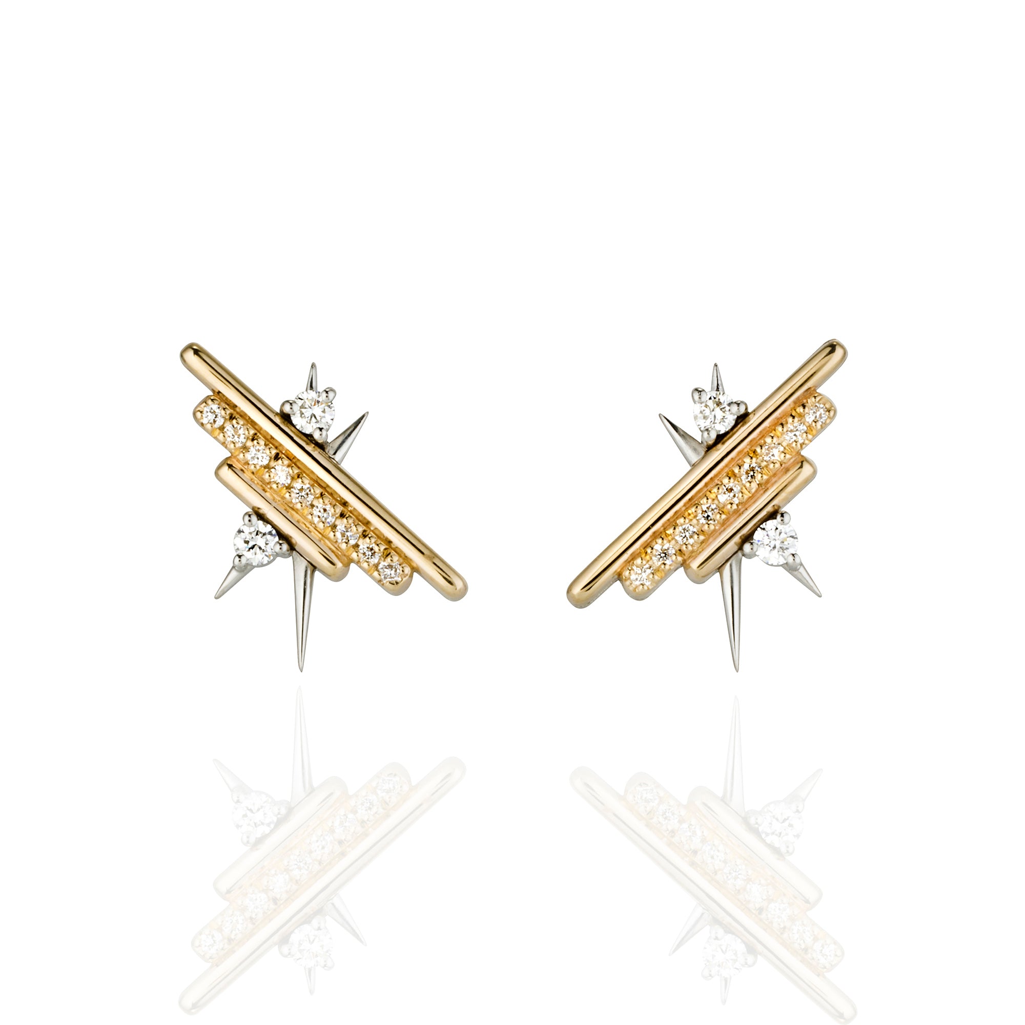 Diamond gold studs: Geometric earrings. Gold bars, diamonds, platinum spikes. Unique design 