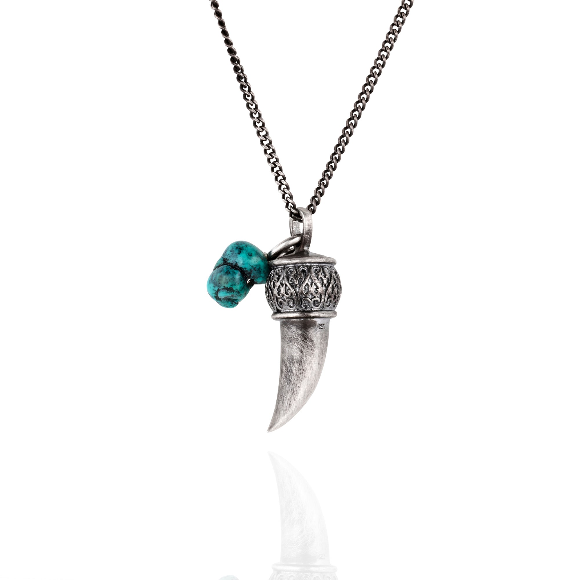Necklace with a blackened silver tooth pendant and turquoise stone on a white  55cm chain, tribal-style.