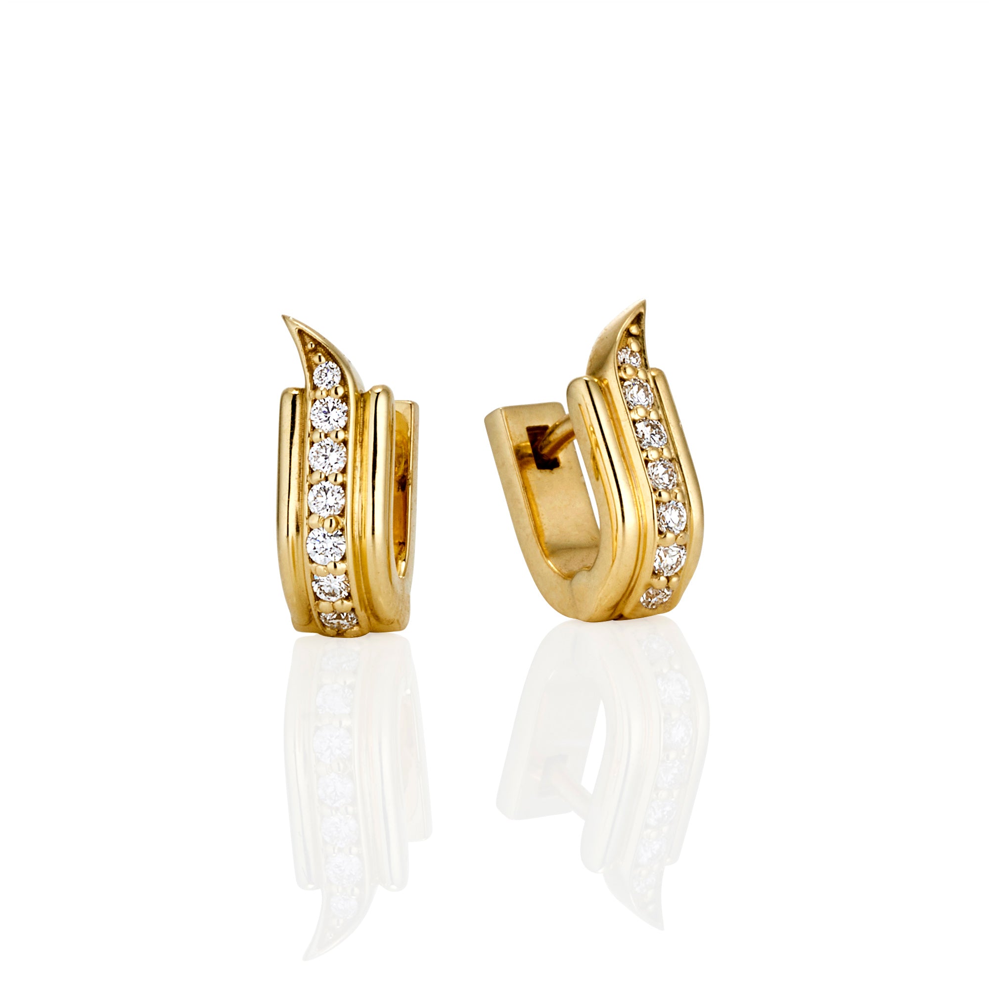 Side and internal view of pair of  earrings with a curved design, each featuring a vertical row of seven round white gemstones.