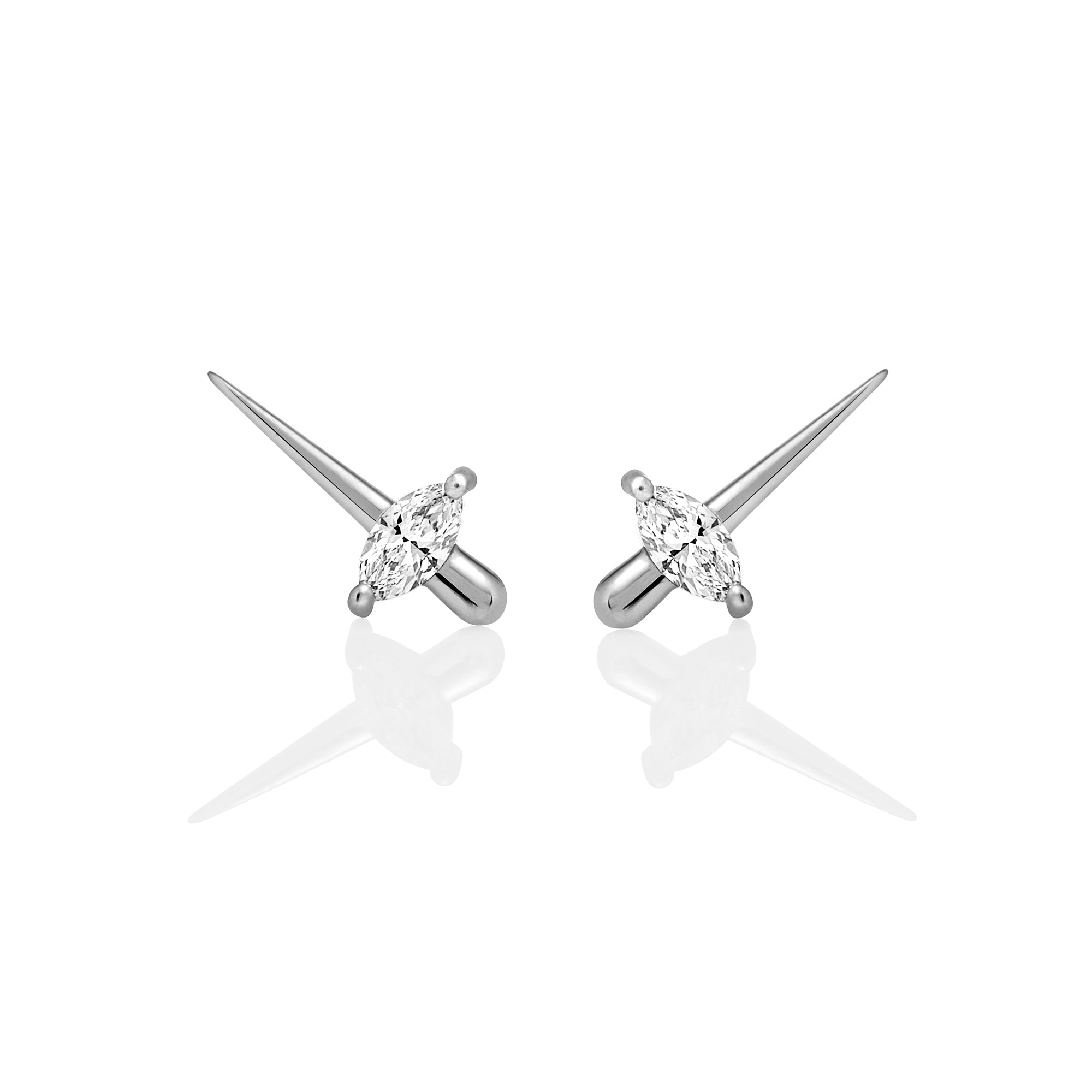 Elegant white gold earrings with a pointed design, featuring marquise-cut diamonds set in the center, reflecting light beautifully.