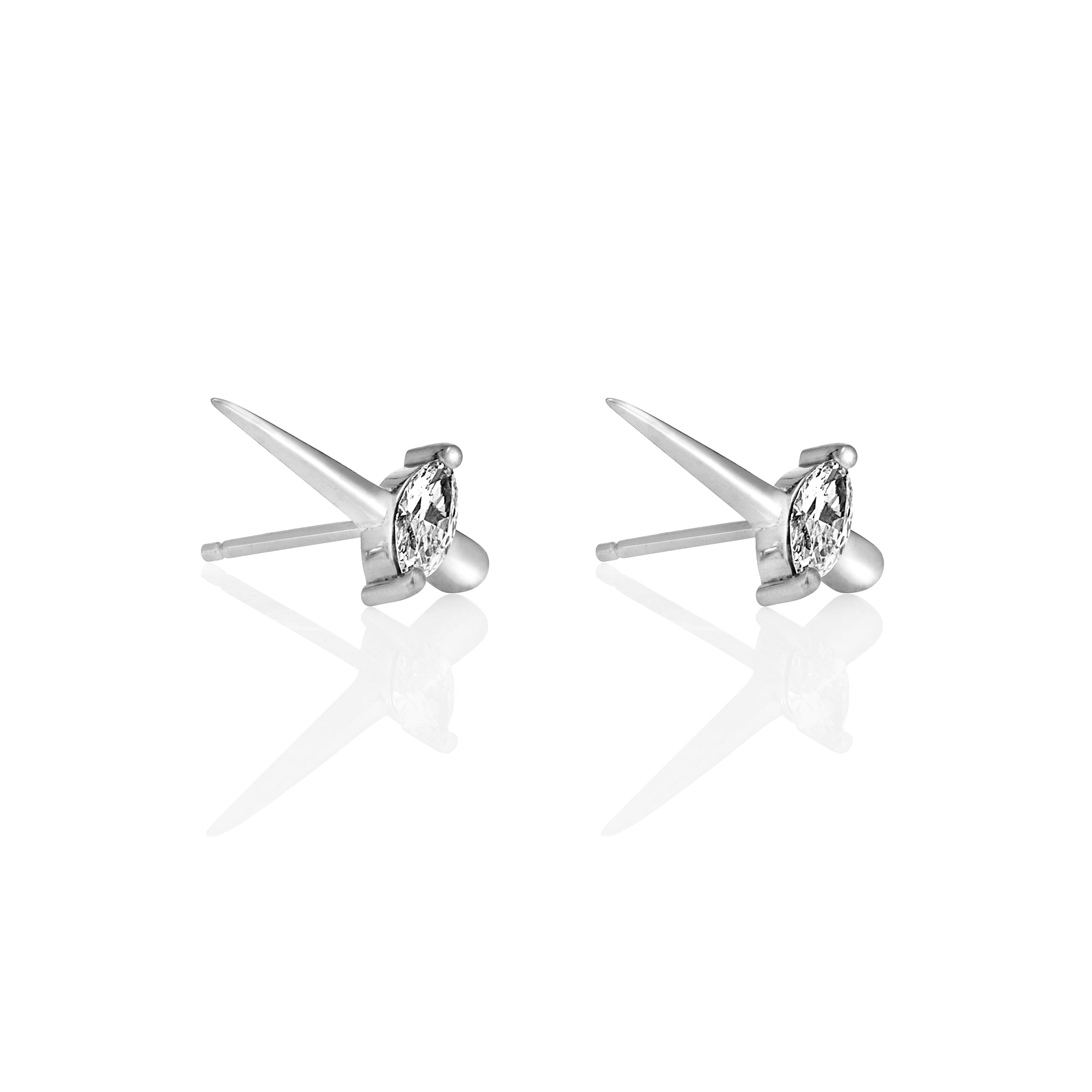 Side image showcasing white gold version, featuring marquise-cut diamonds set in the center, stud earrings.