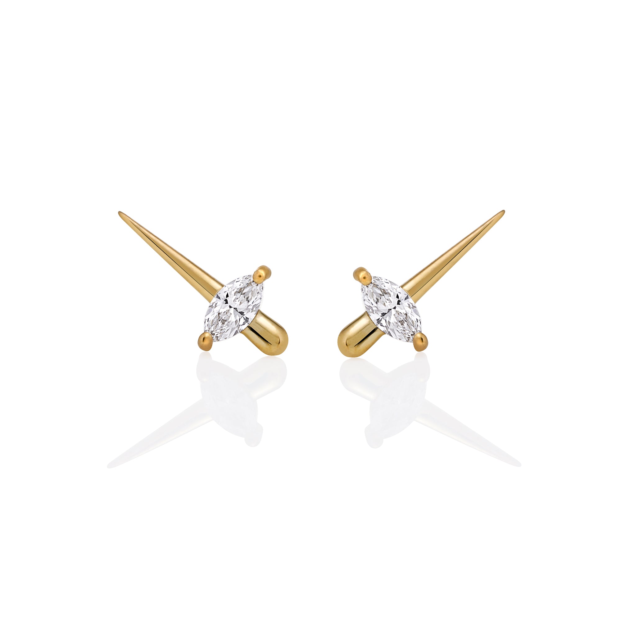 Elegant gold earrings with a pointed cone design, featuring marquise-cut diamonds set in the center, reflecting light beautifully.