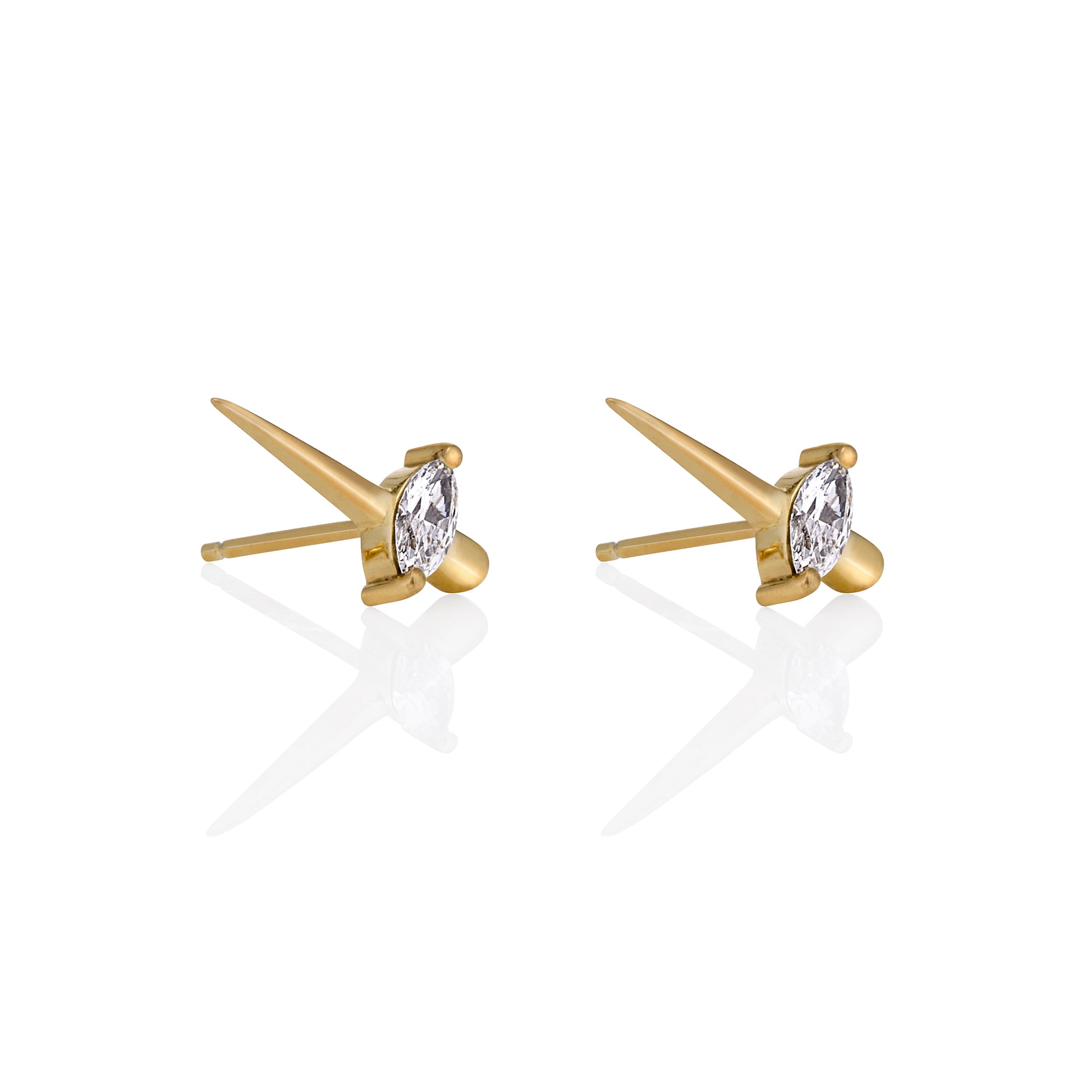 Side image showcasing the pointed design, featuring marquise-cut diamonds set in the center, stud earrings.