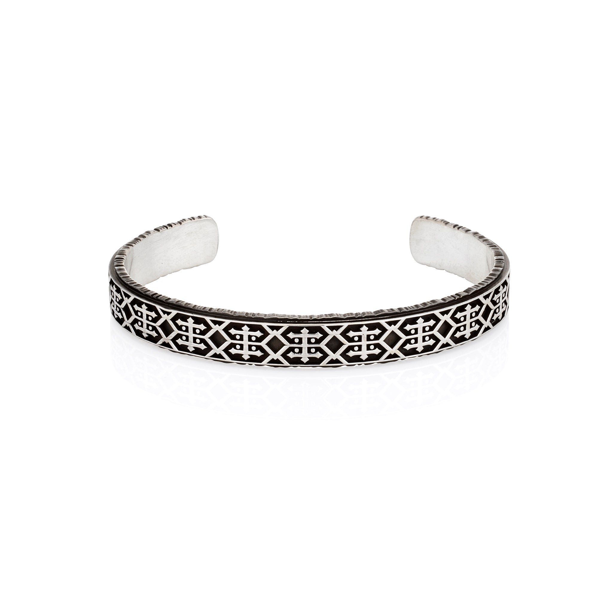 Men's oxidised silver cuff bracelet with Southwest inspired pattern, high polish finish, 10mm wide, custom sizing, blackened accents, front view on white background.