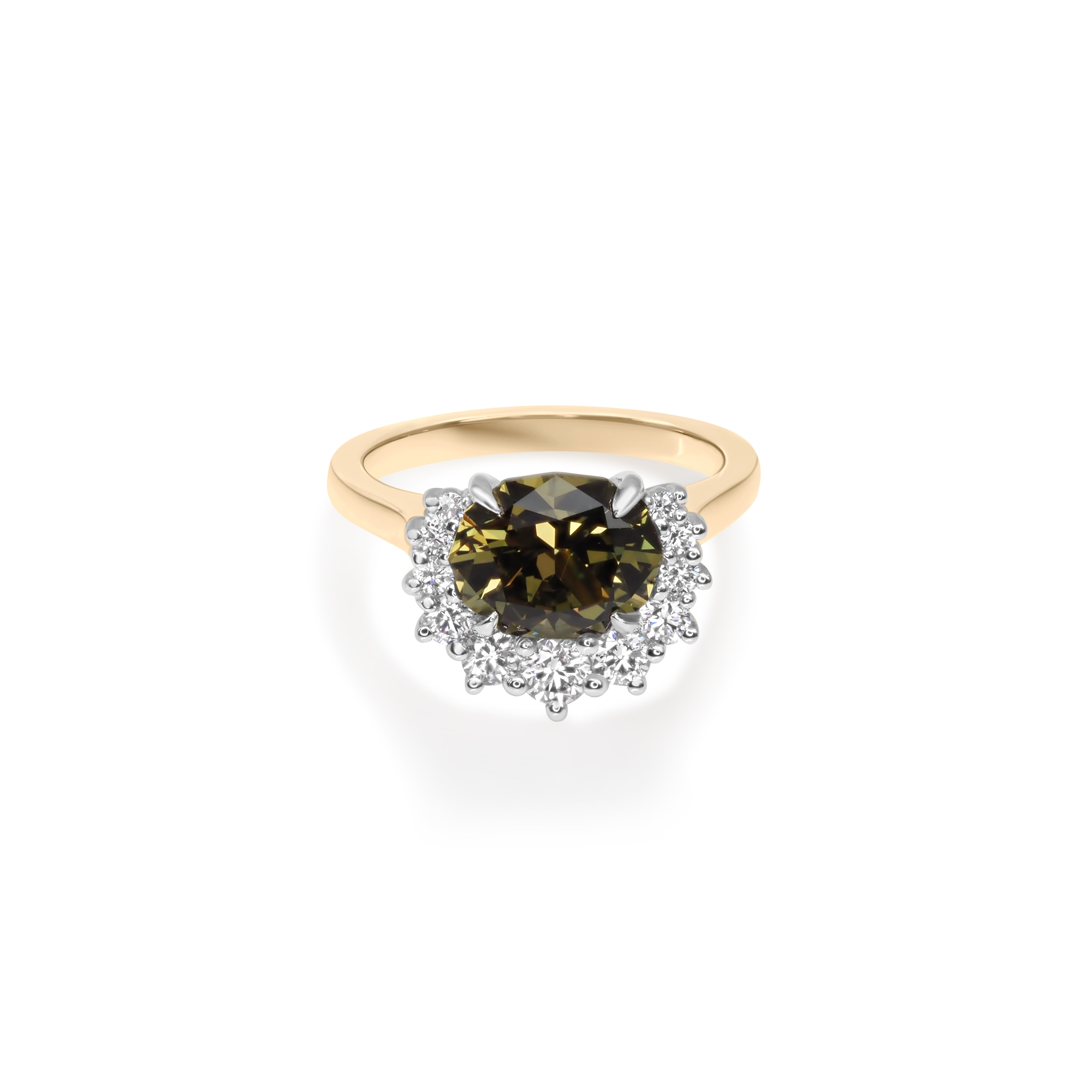 Gold ring with a large olive-green Australian Sapphire gemstone surrounded by small diamonds.