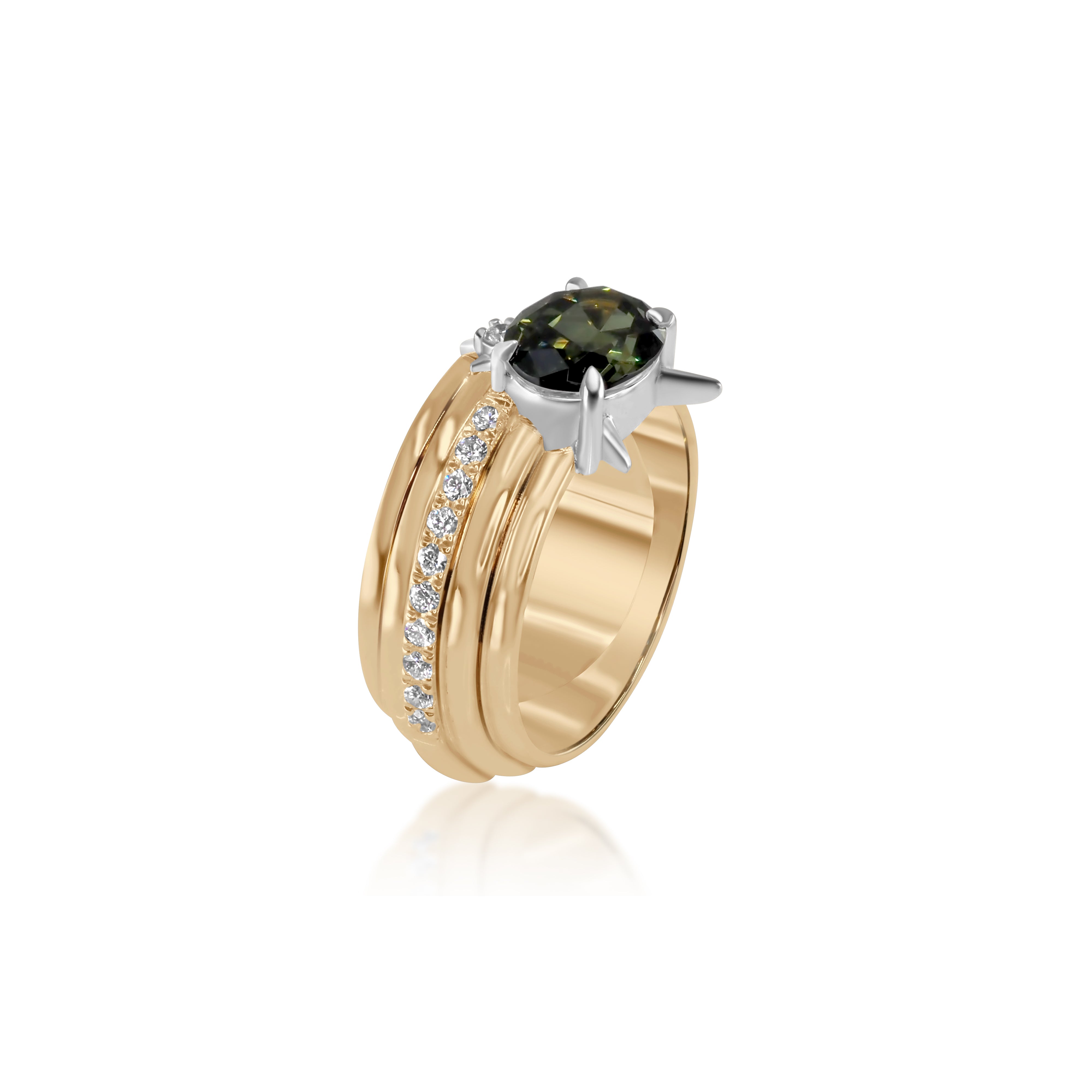Yellow and white gold ring with  Australian parti sapphire gemstone and small diamonds, isolated on a white background.