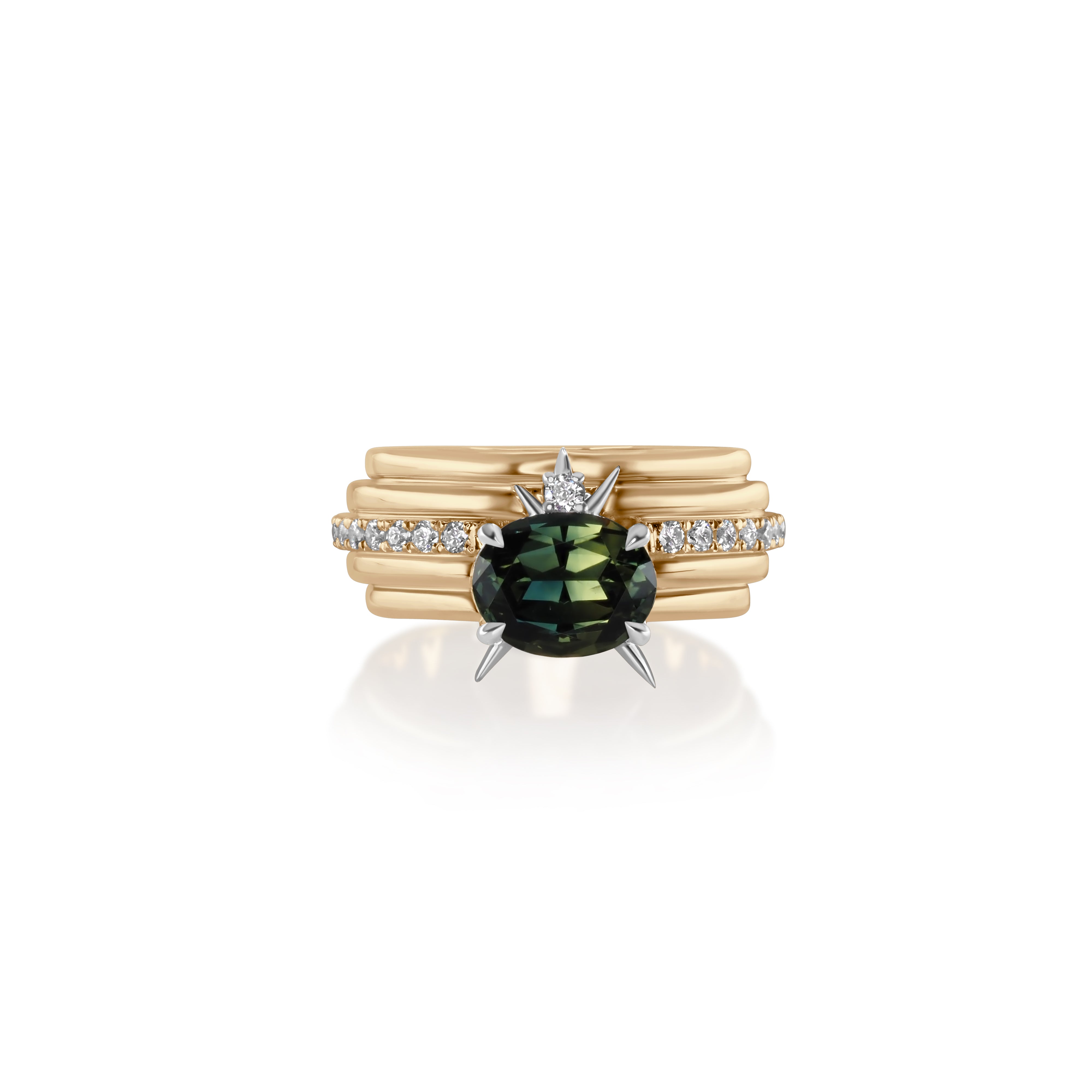 wide yellow gold ring with a central Australian parti sapphire gemstone flanked by round diamonds diamonds .