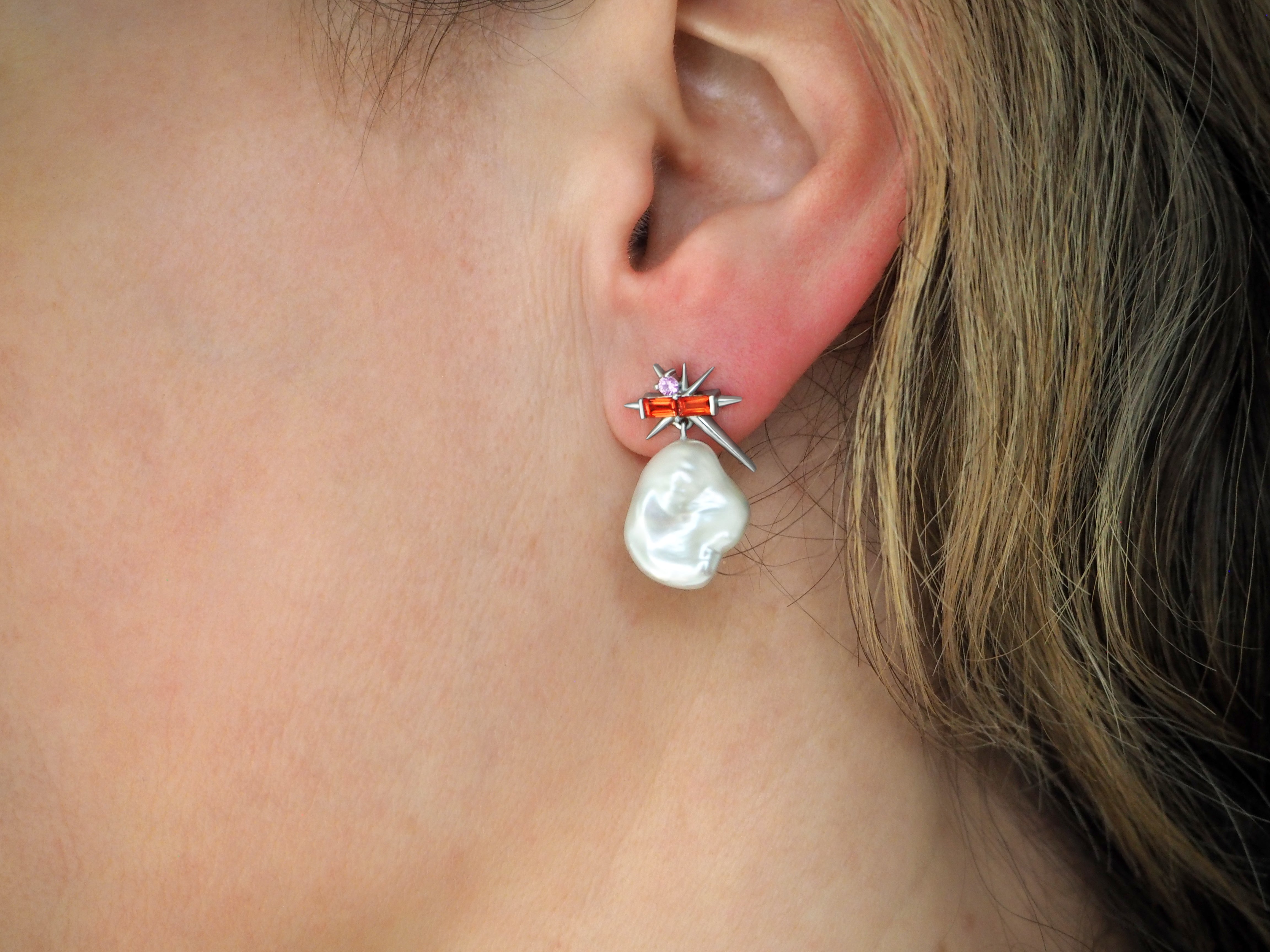 Pink Sapphire & Baroque Pearl Drop Earrings - Spike Earrings