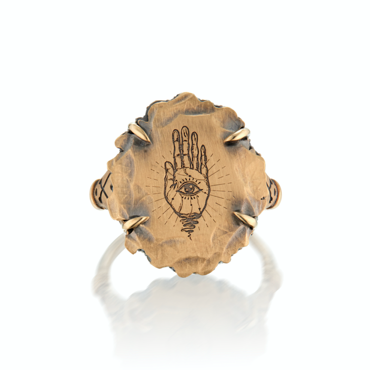 14ct Gold Hamsa Hand & Black Diamond Wedding Ring
