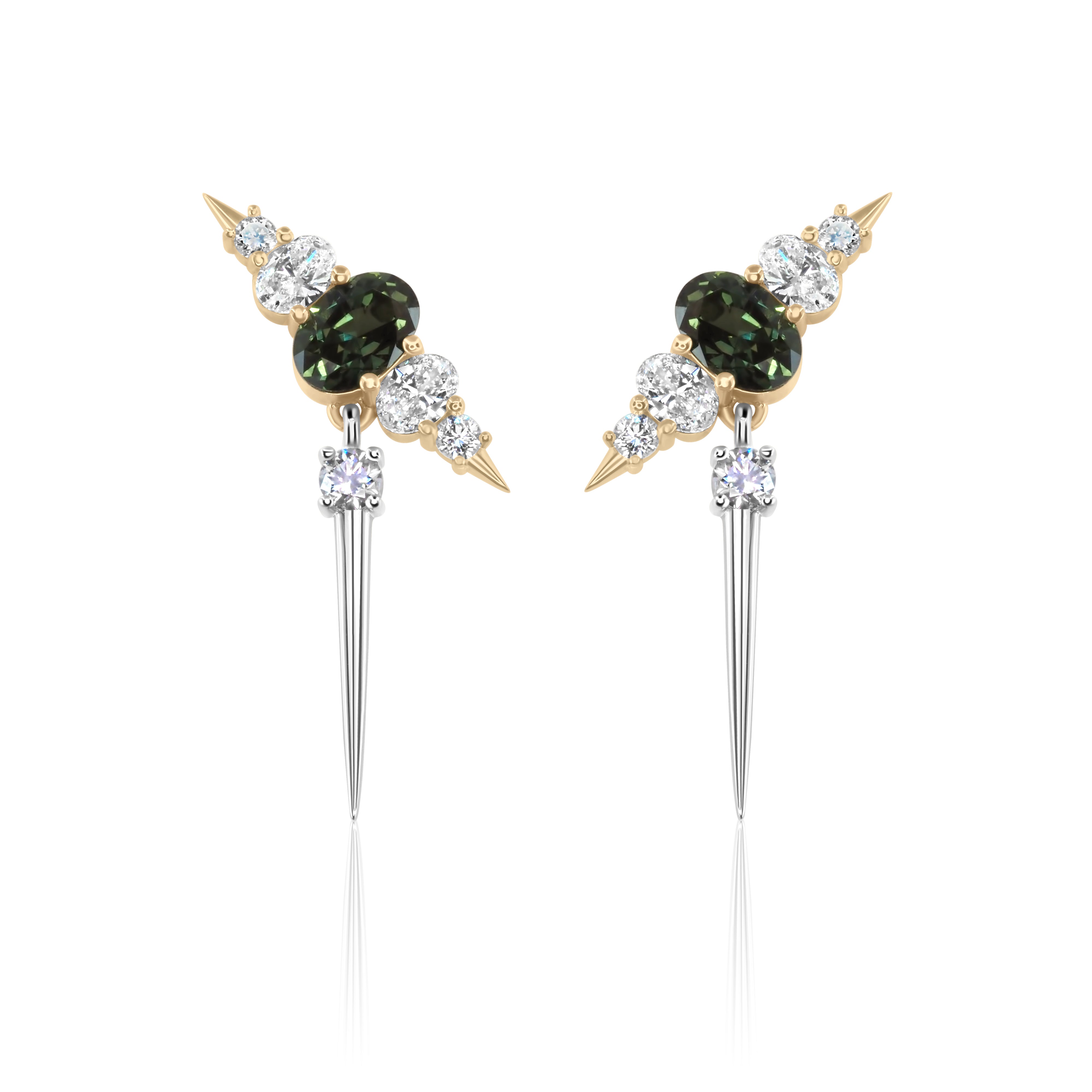 Teal Sapphire & Diamond Drop Earrings With 2 x Oval Teal colour Sapphires In The Middle