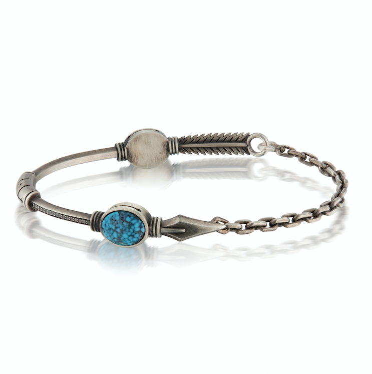 Blackened Silver Cuff with Turquoise stone and arrow & feather features. 