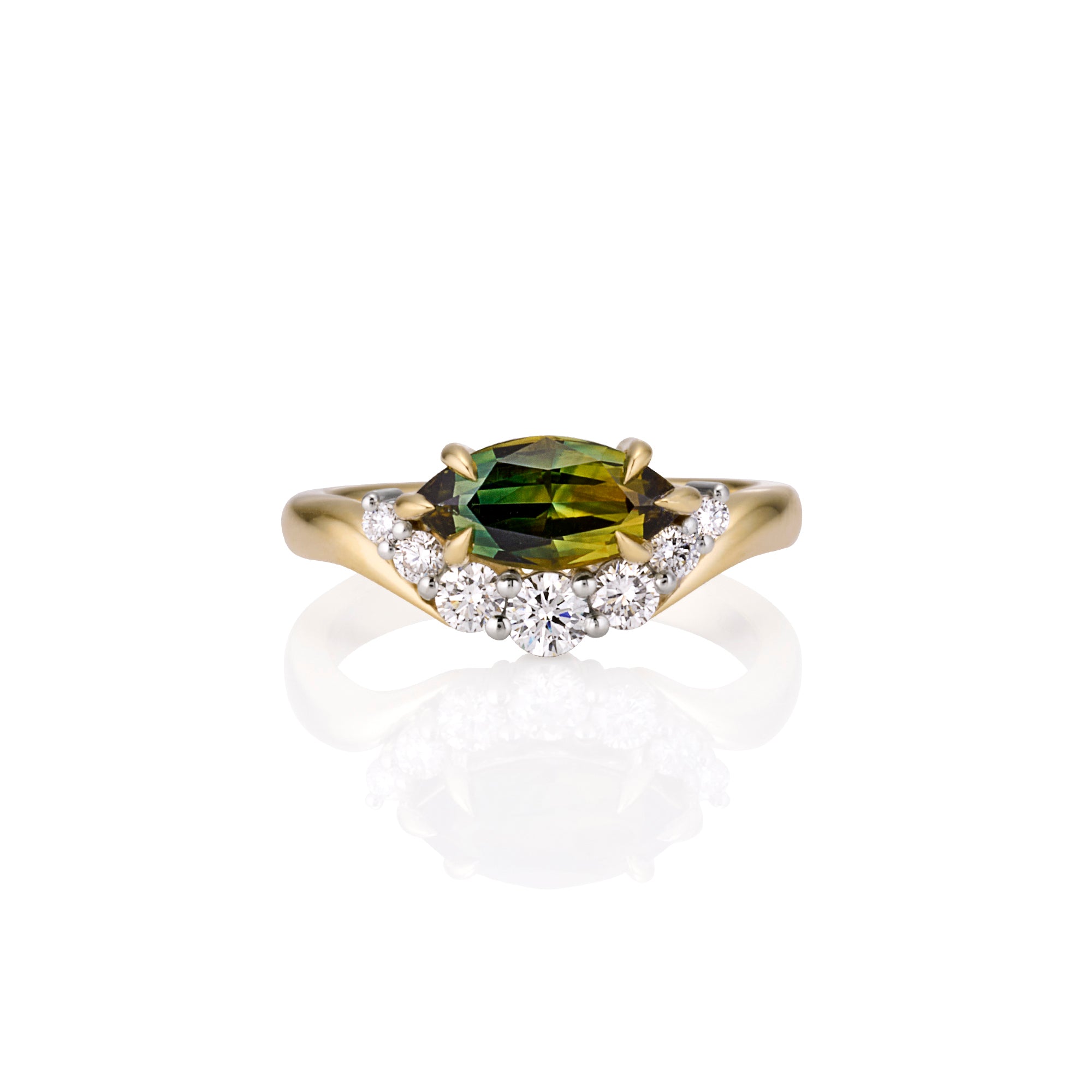 Engagement ring, marquise-shaped Australian Parti sapphire centre, surrounded by diamonds, set in 18ct yellow gold and platinum band. 