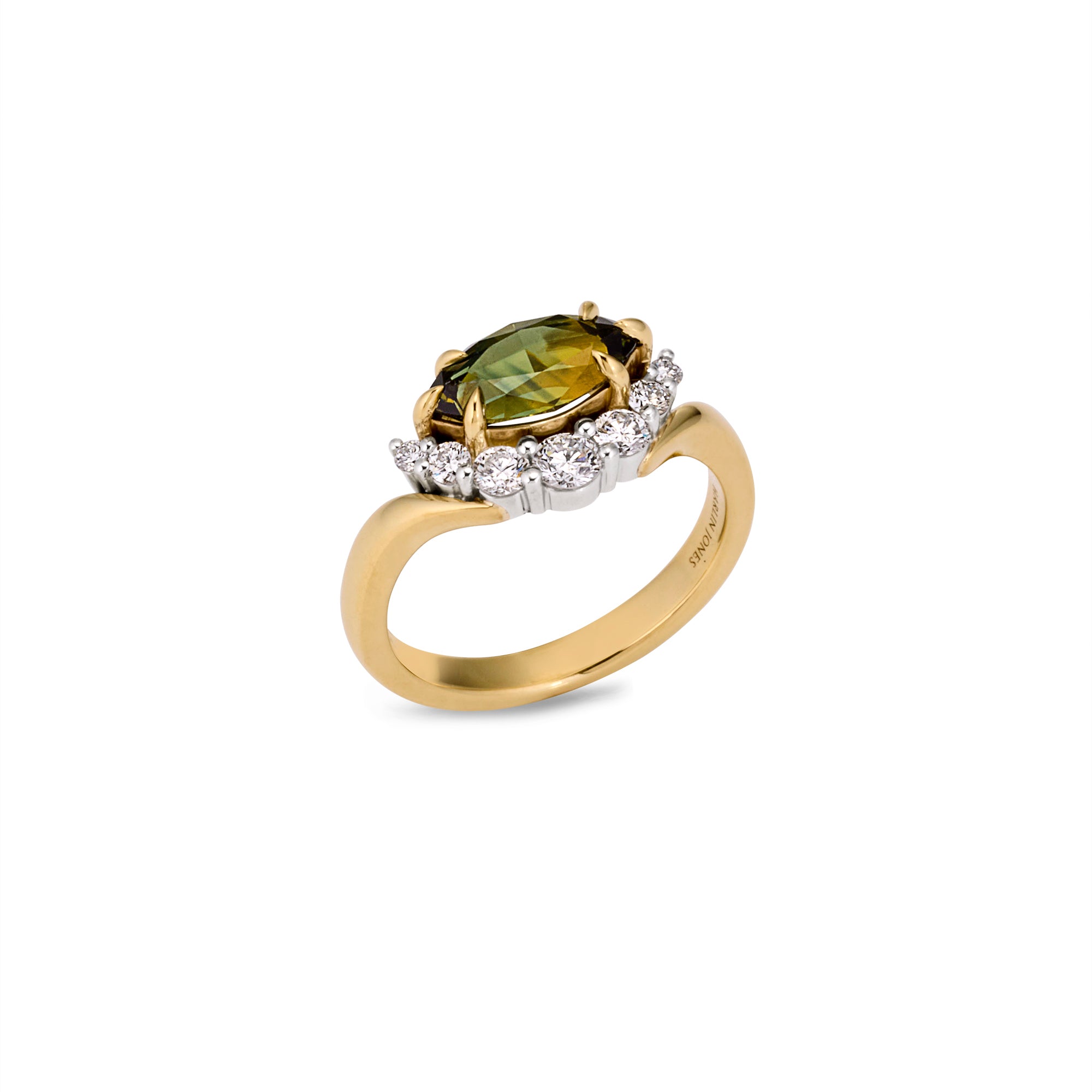 Side top angle, showing engagement ring, marquise-shaped Australian Parti sapphire centre, surrounded by diamonds, set in 18ct yellow gold and platinum band. 
