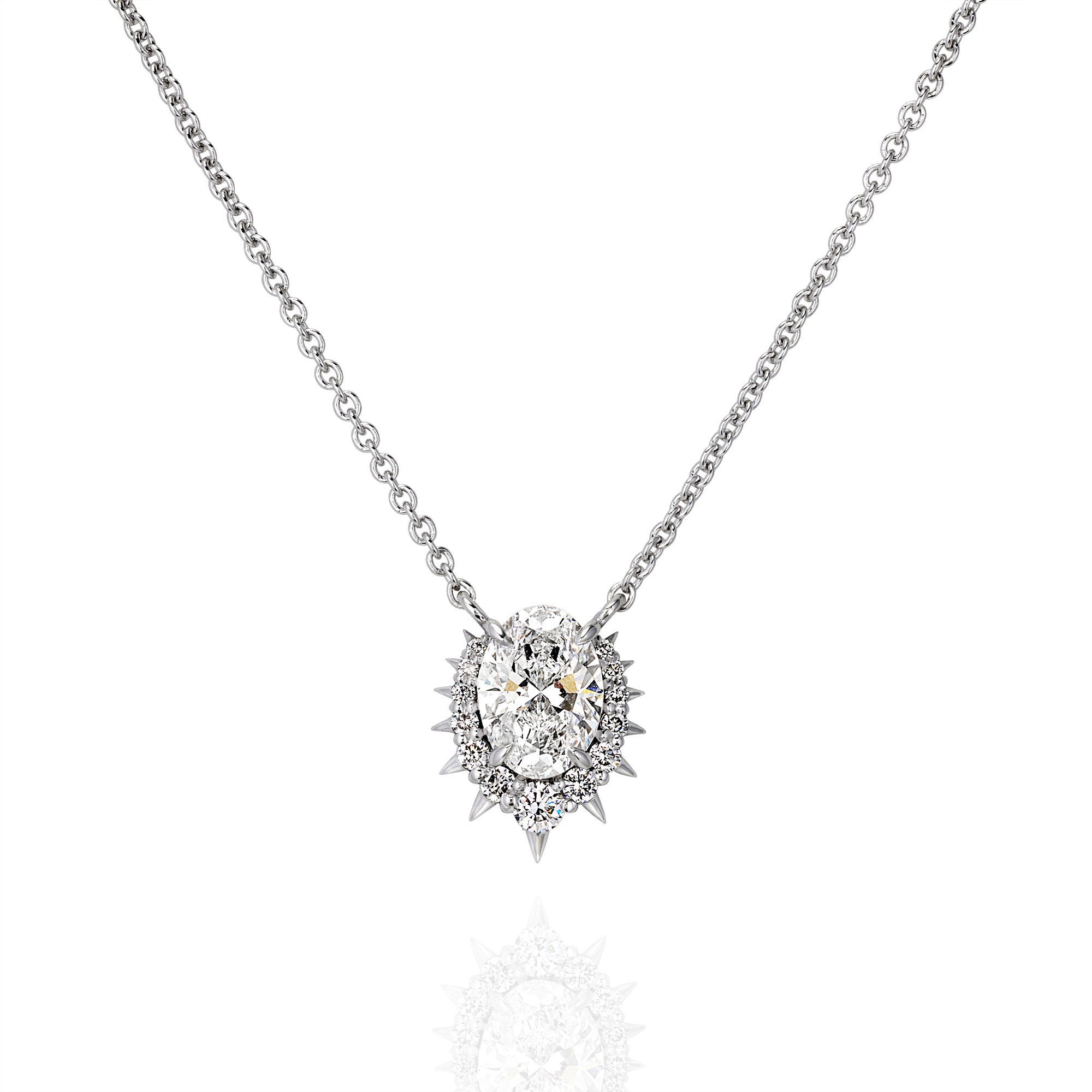 18ct white gold necklace with 1.08ct oval diamond (IGI lab or GIA natural) and 13 round diamond halo on 45cm chain