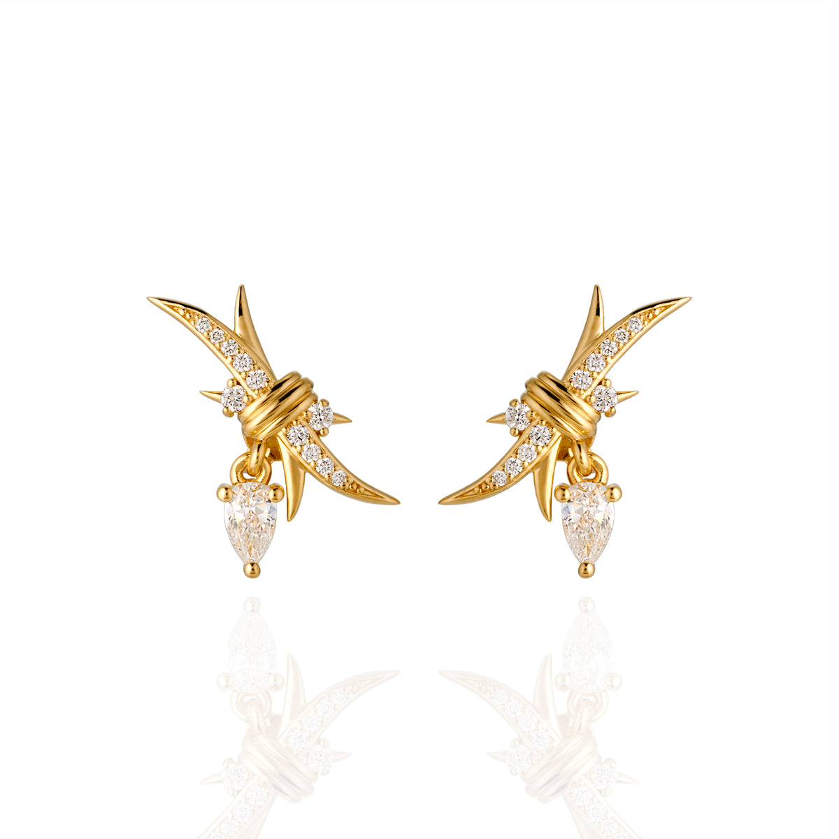 14ct yellow gold barbed wire diamond drop earrings with pear-shaped and round F‑VS diamonds, push-back butterfly backs

